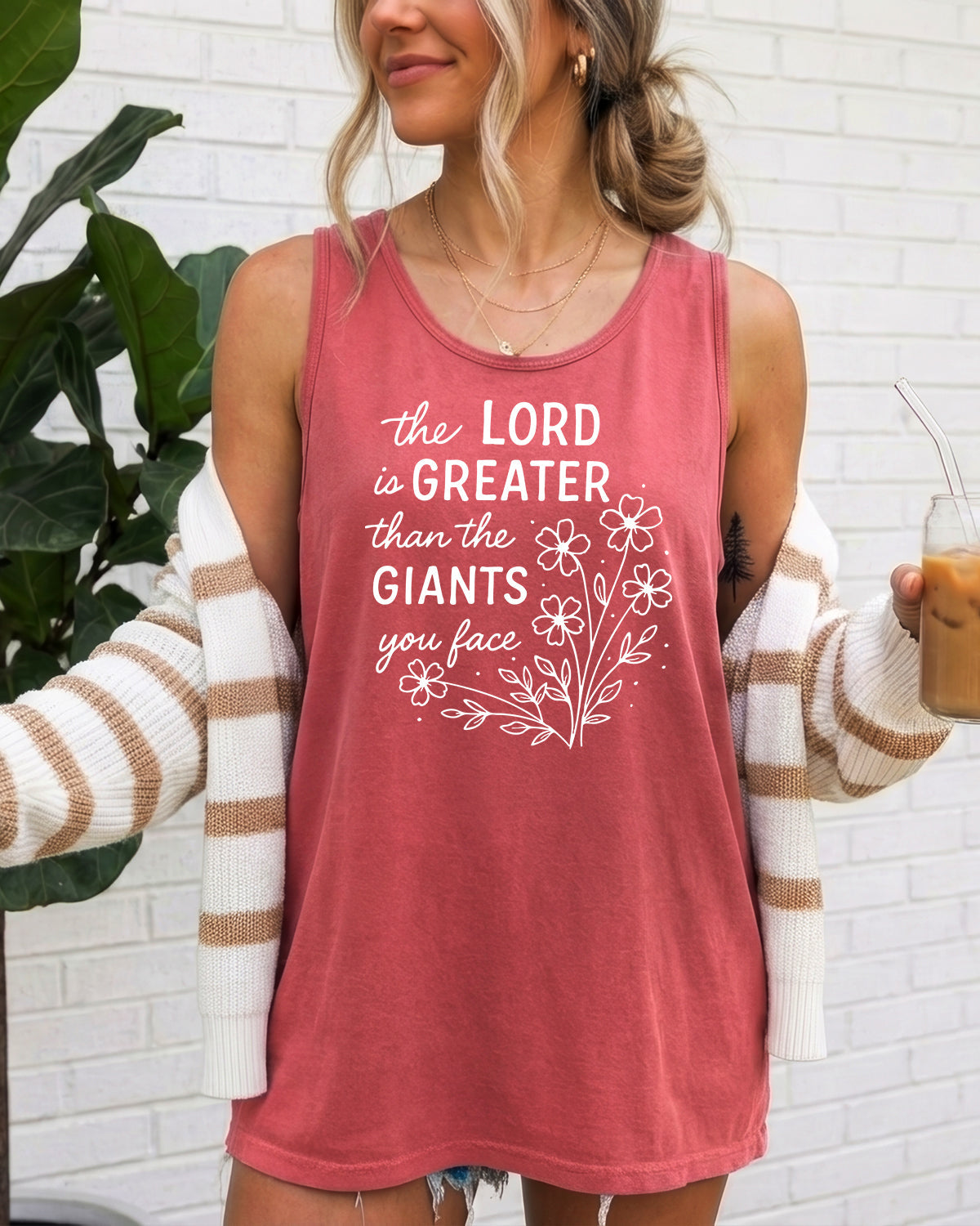 The Lord is greater than the giant Flower Psalm Christian Comfort Colors Tank Top Faith Bible Jesus