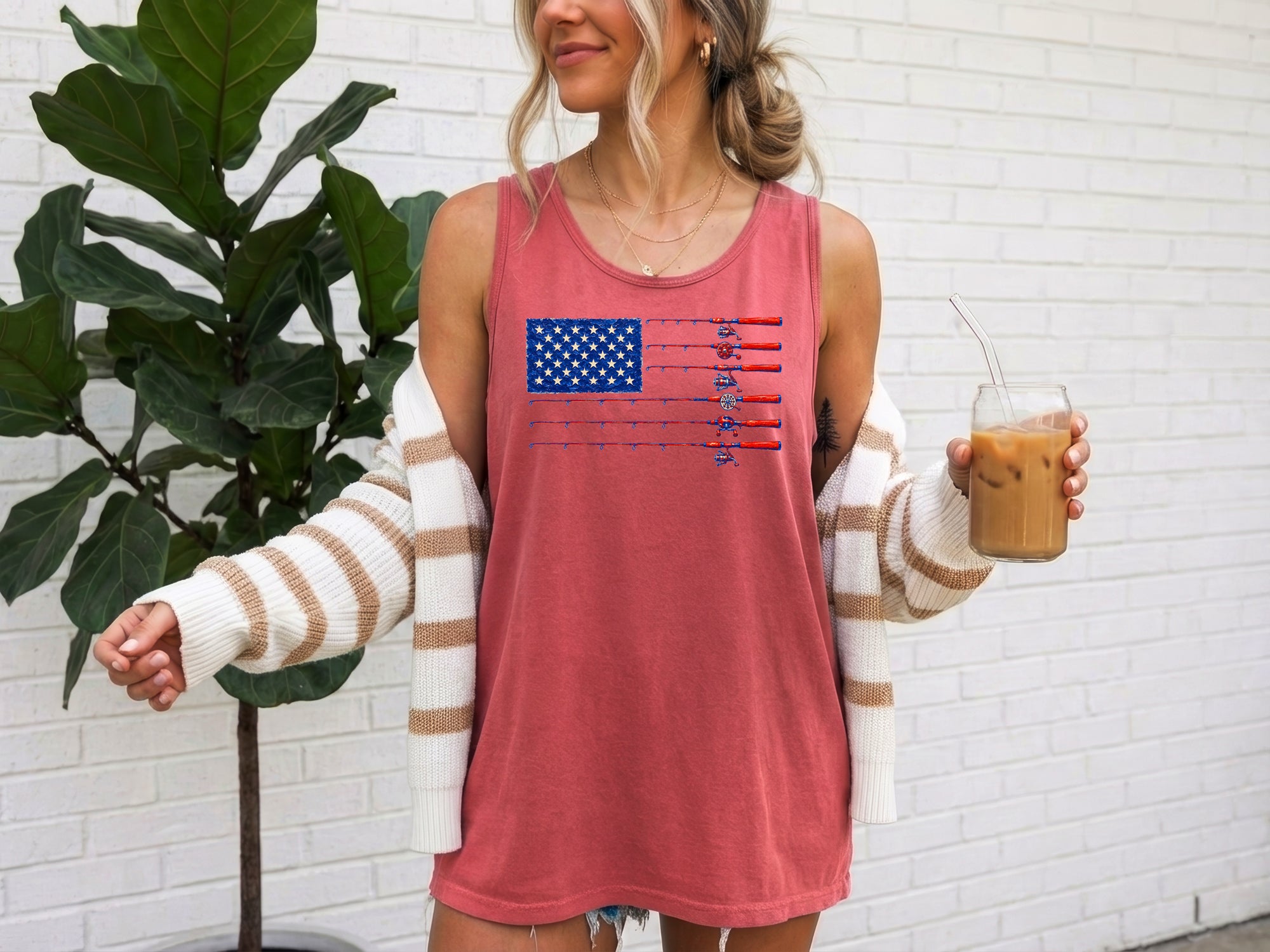 Comfort Colors Patriotic American flag Fishing USATank Top Women Unisex Gift for Dad 4th of July