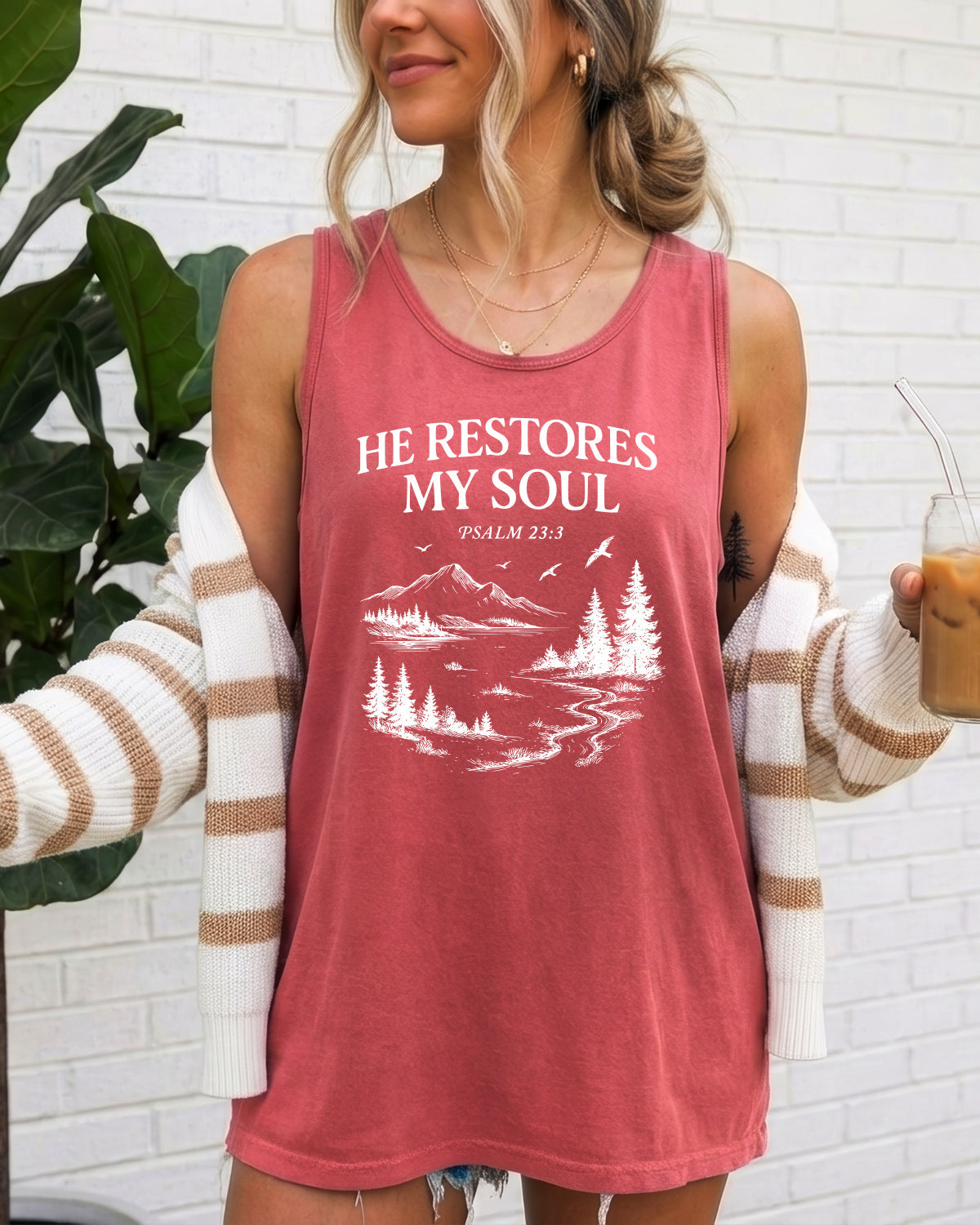 He restores my soul Psalm Christian Comfort Colors Tank Top