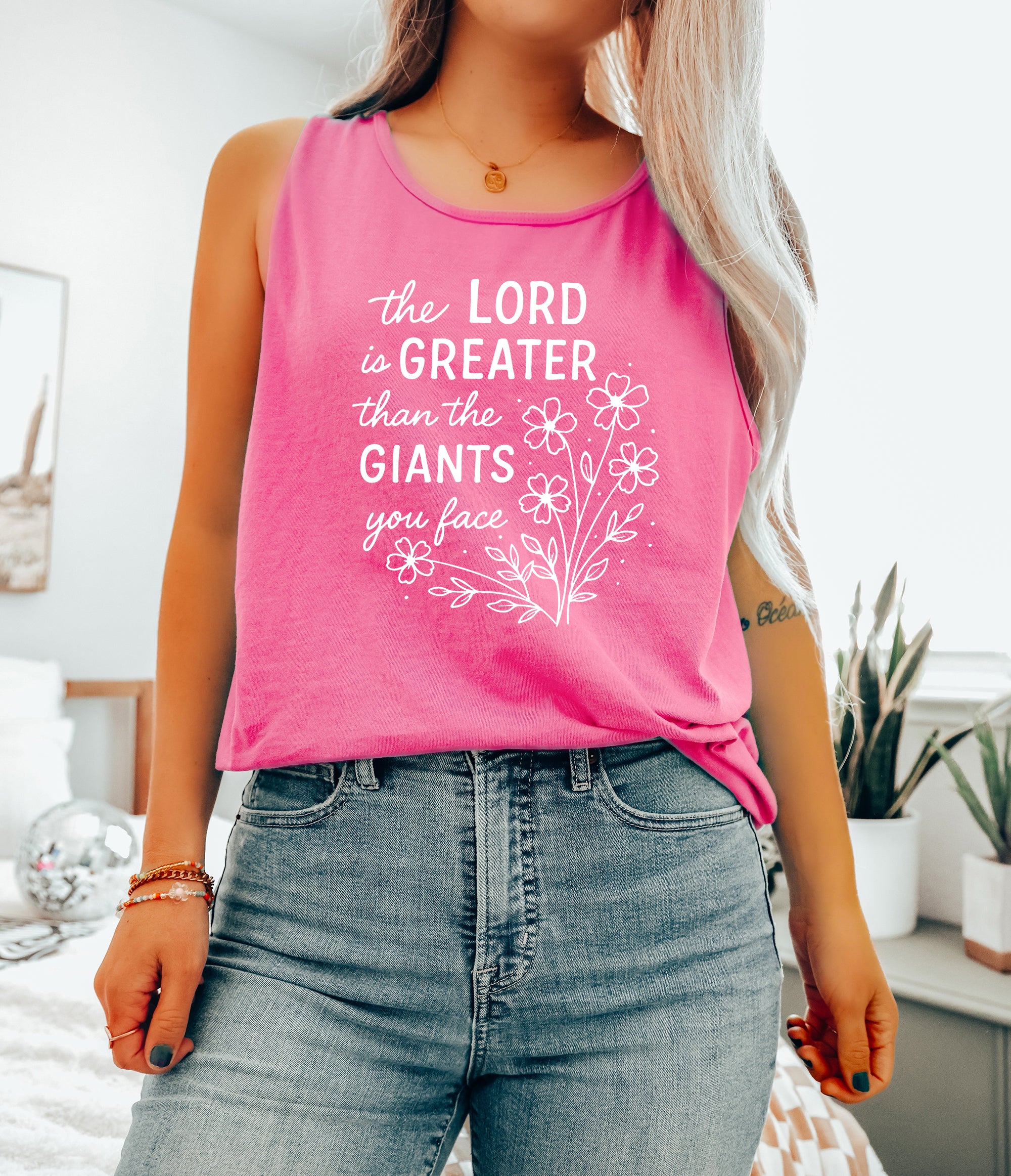 The Lord is greater than the giant Flower Psalm Christian Comfort Colors Tank Top Faith Bible Jesus