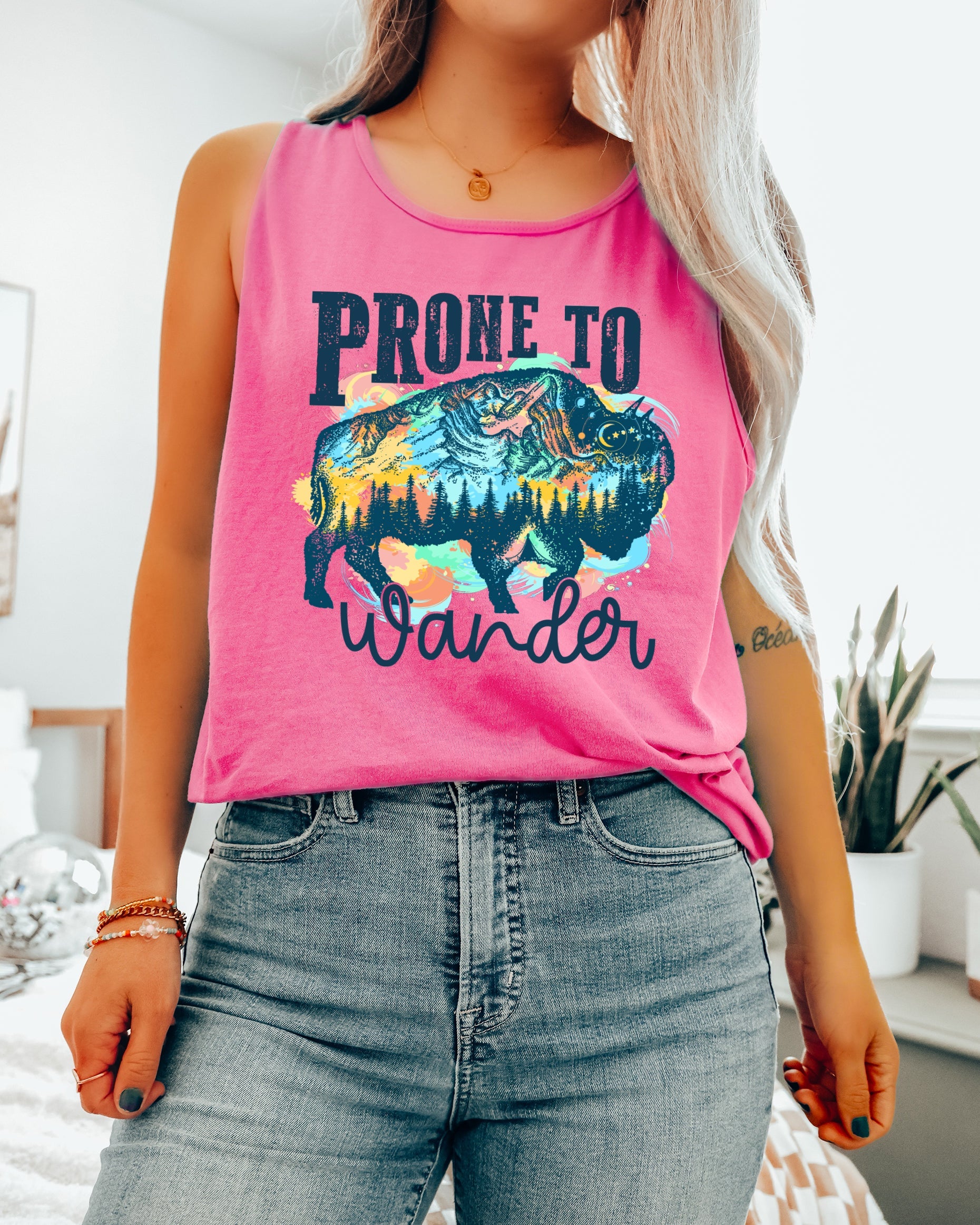 Prone to Wander Buffalo Lake Camping Comfort Colors Tank Top – Mountain Hiking Camping Vacation Nature Lake Beach Graphic