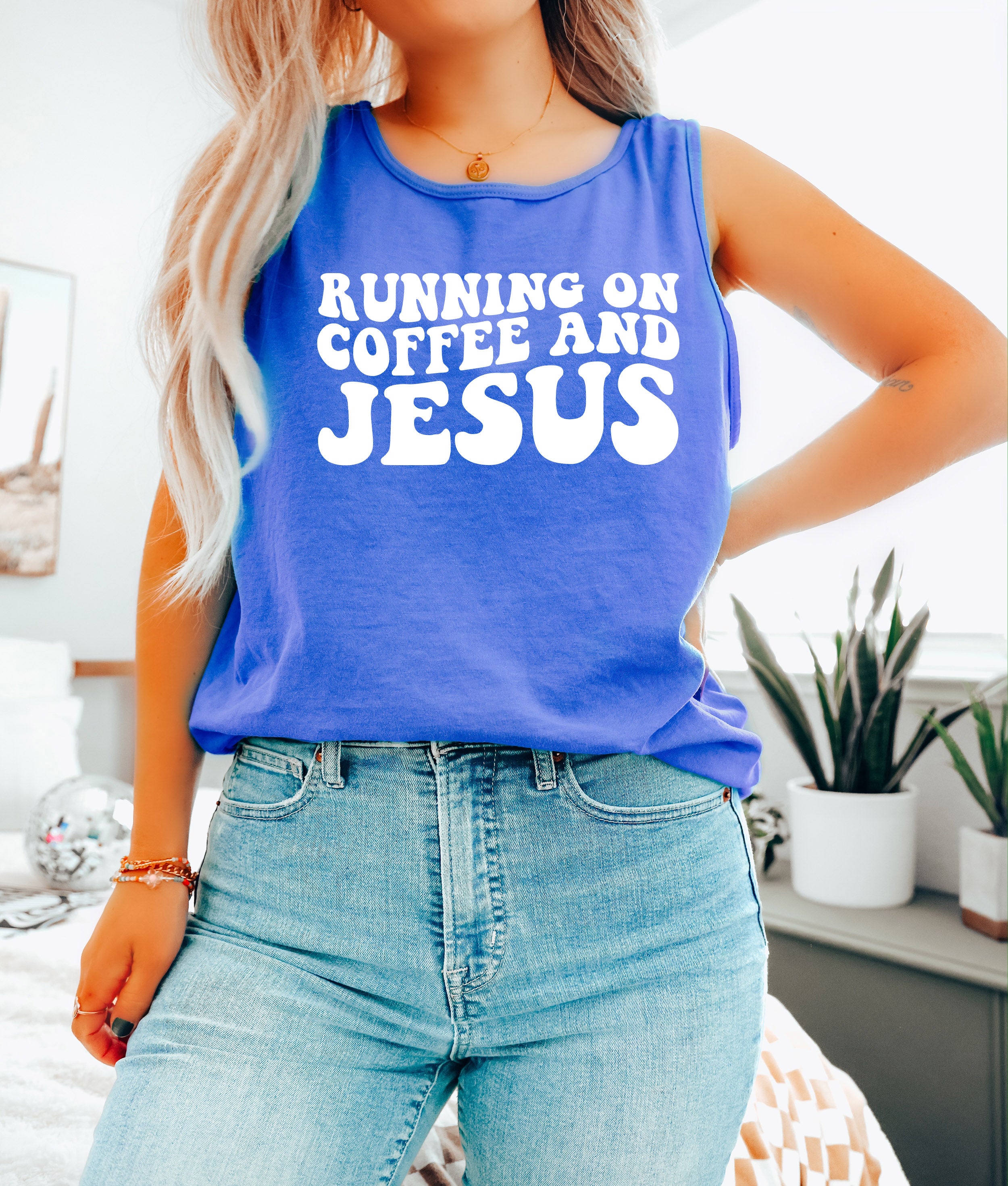 Running on Coffee and Jesus Comfort Colors Tank Top (Groovy)