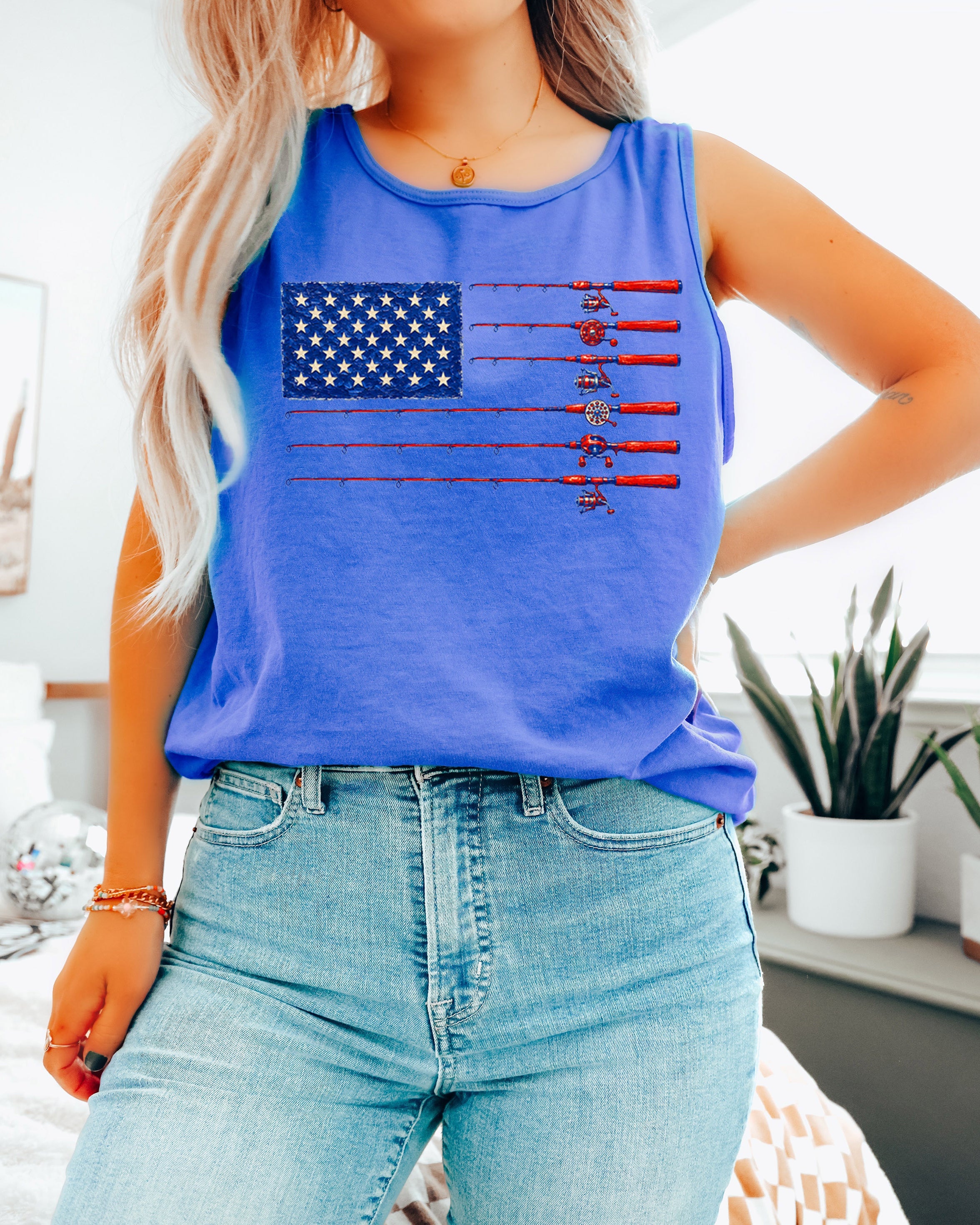 Comfort Colors Patriotic American flag Fishing USATank Top Women Unisex Gift for Dad 4th of July