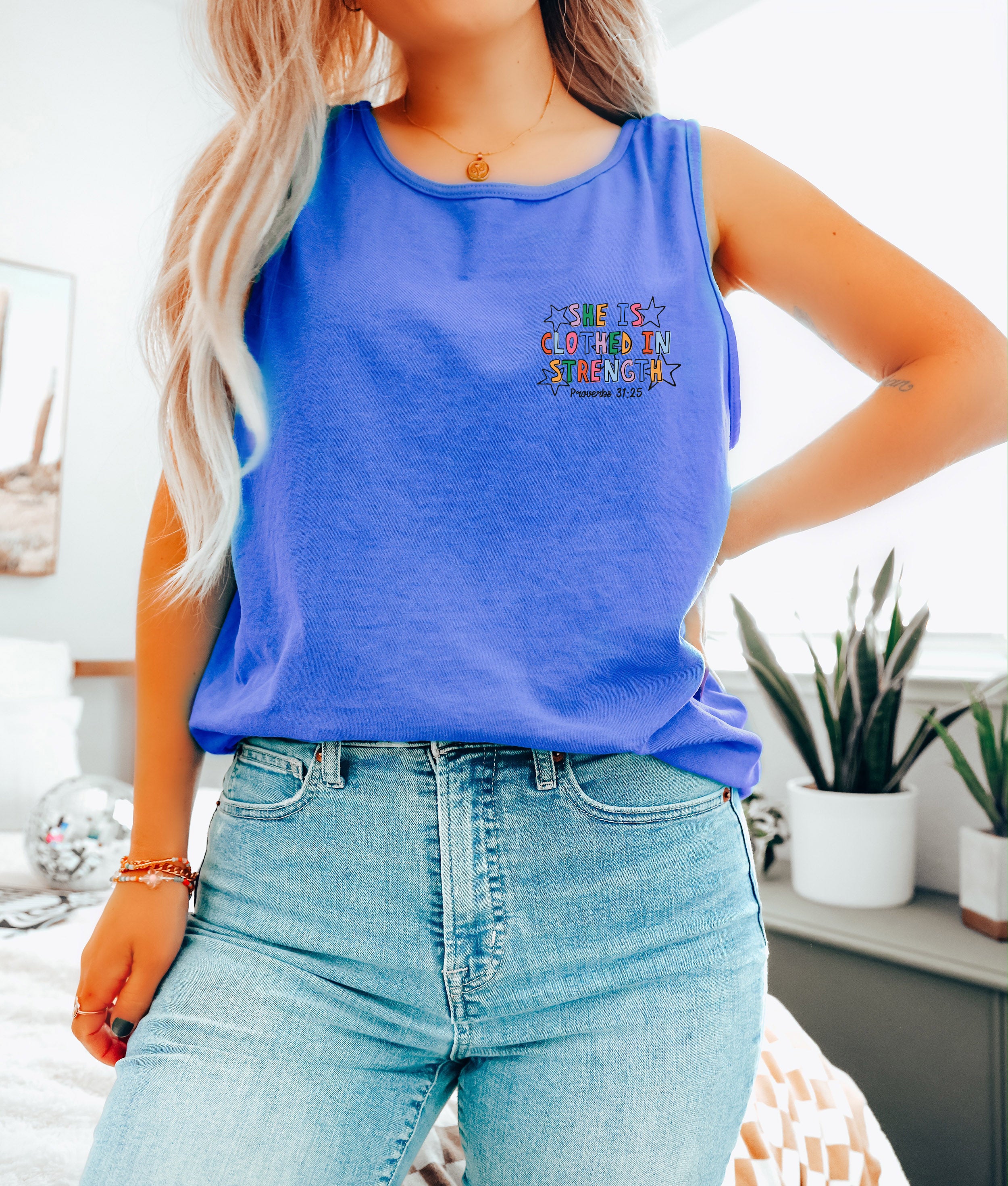 Clothed in Strength Proverbs Christian Comfort Colors Tank Top Faith Bible Jesus