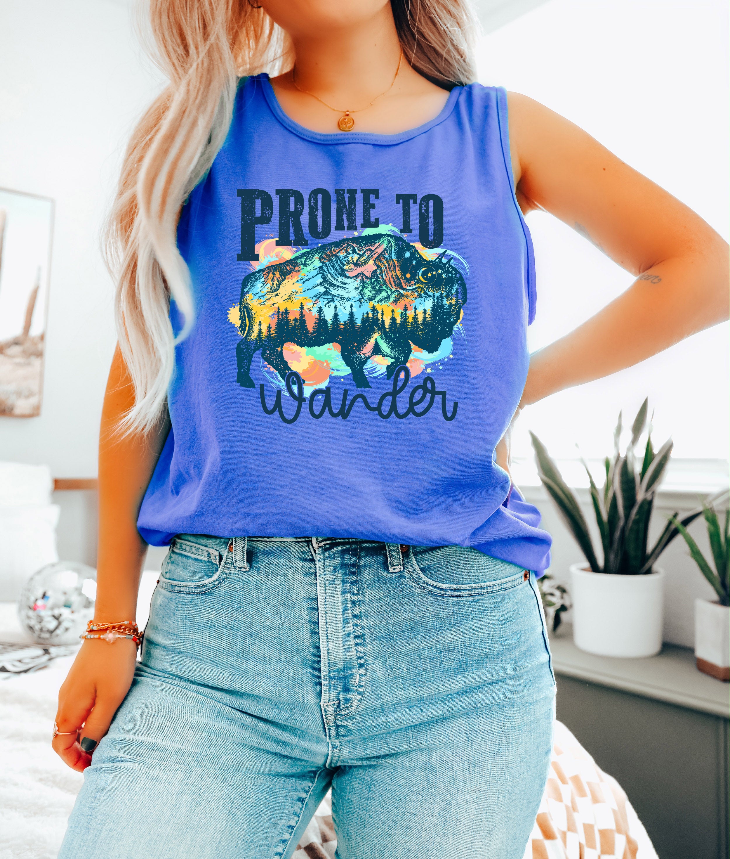 Prone to Wander Buffalo Lake Camping Comfort Colors Tank Top – Mountain Hiking Camping Vacation Nature Lake Beach Graphic
