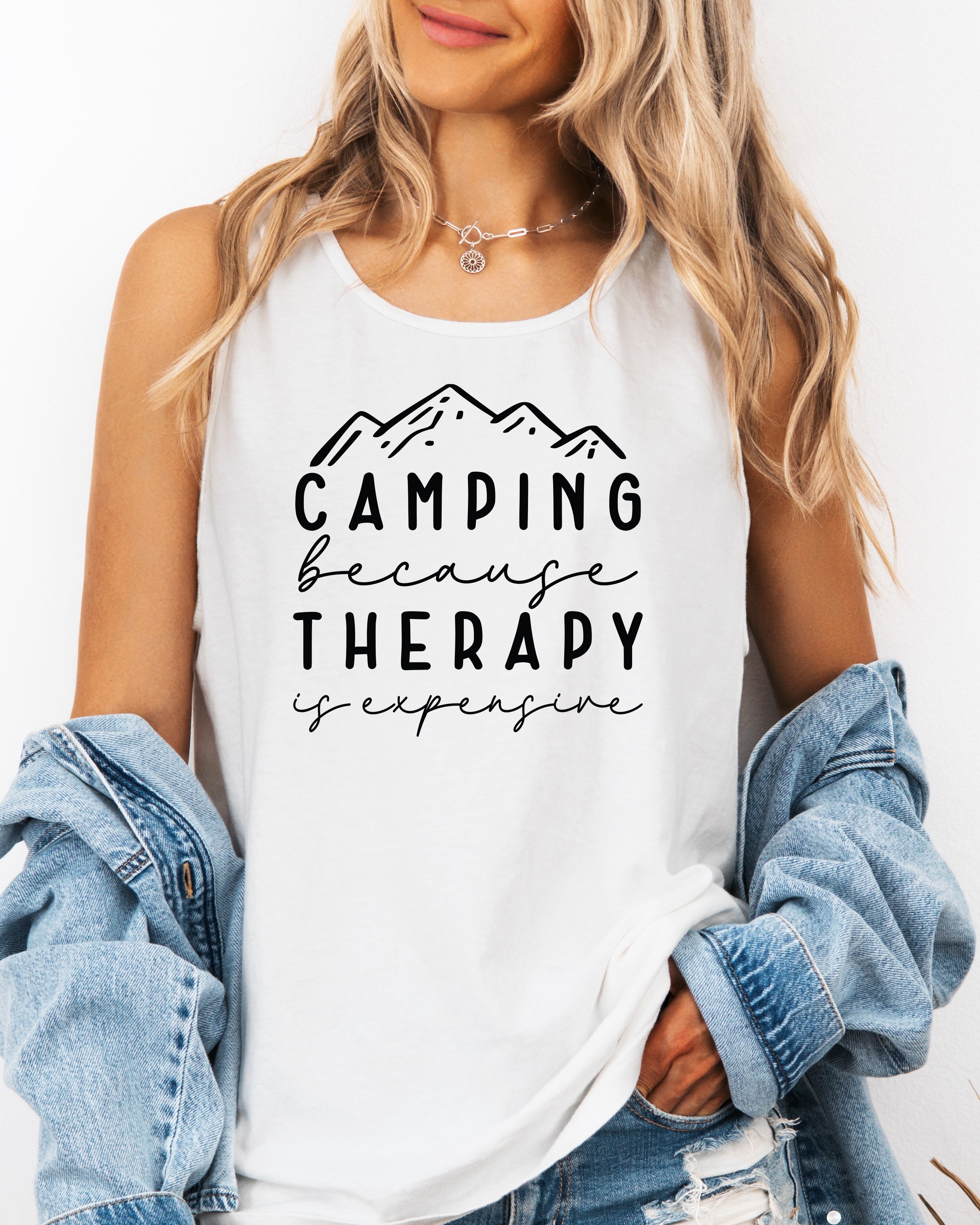 Camping Therapy Comfort Colors Tank Top – Mountain Hiking Camping Vacation Nature Lake Beach Graphic