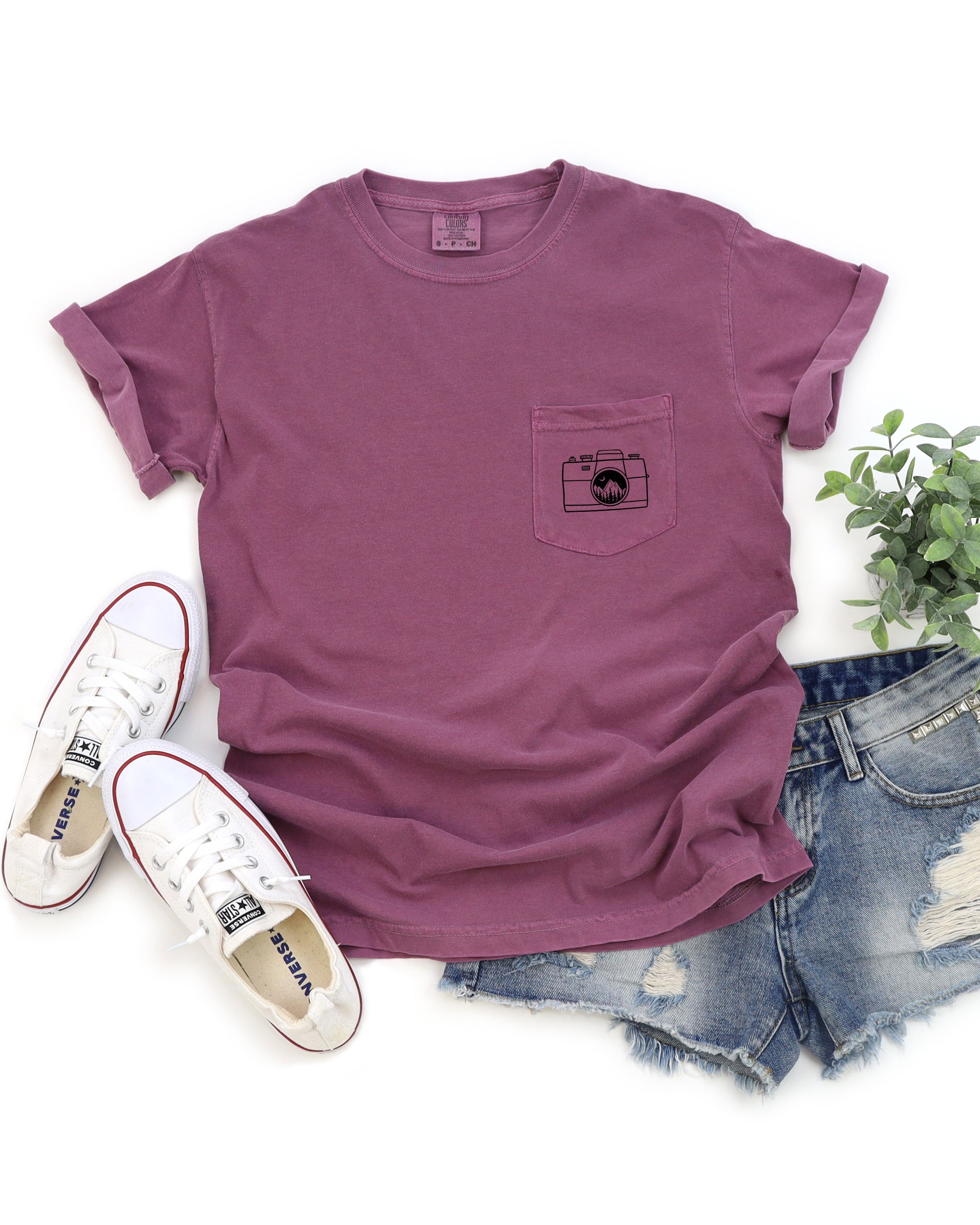 Camera and Mountain Comfort Colors Pocket T Shirt | Nature, Hiking, Plant