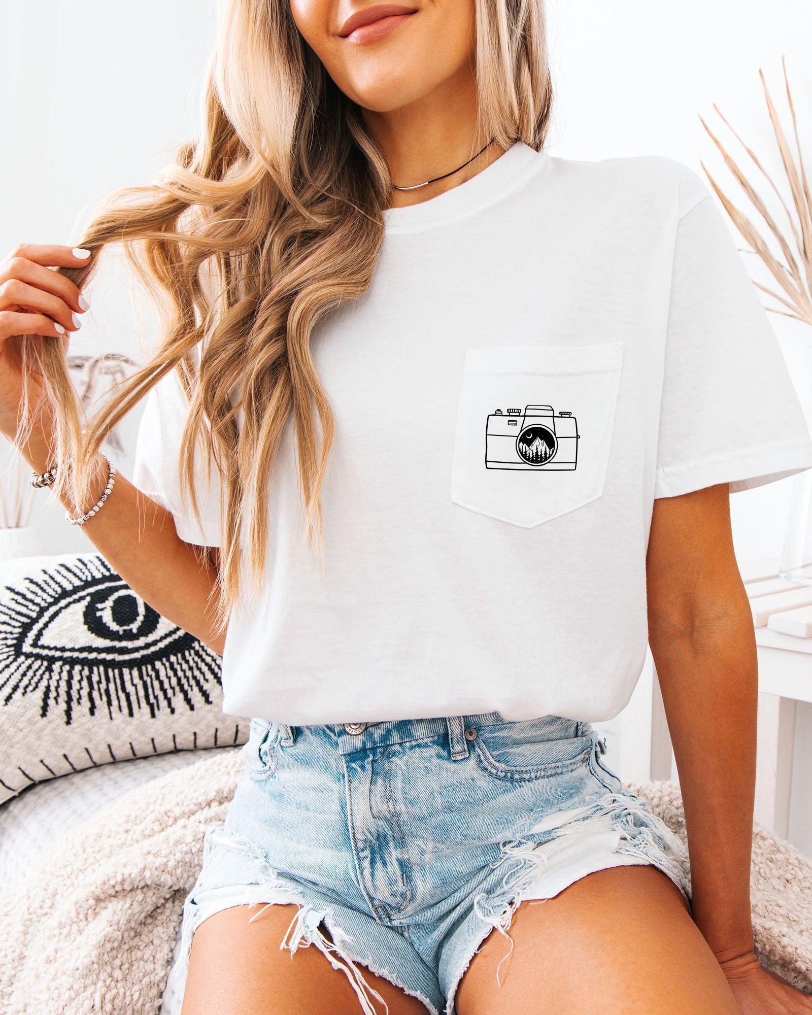Camera and Mountain Comfort Colors Pocket T Shirt | Nature, Hiking, Plant