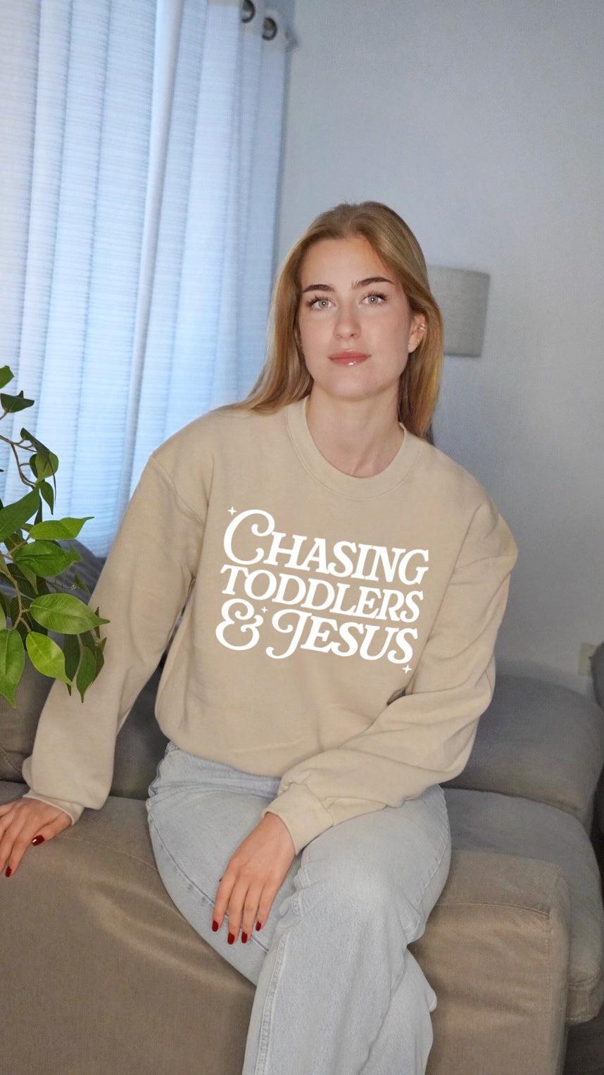 Chasing Toddler and Jesus Christian Mom Faith Bible Women's Slightly Cropped Sweatshirt