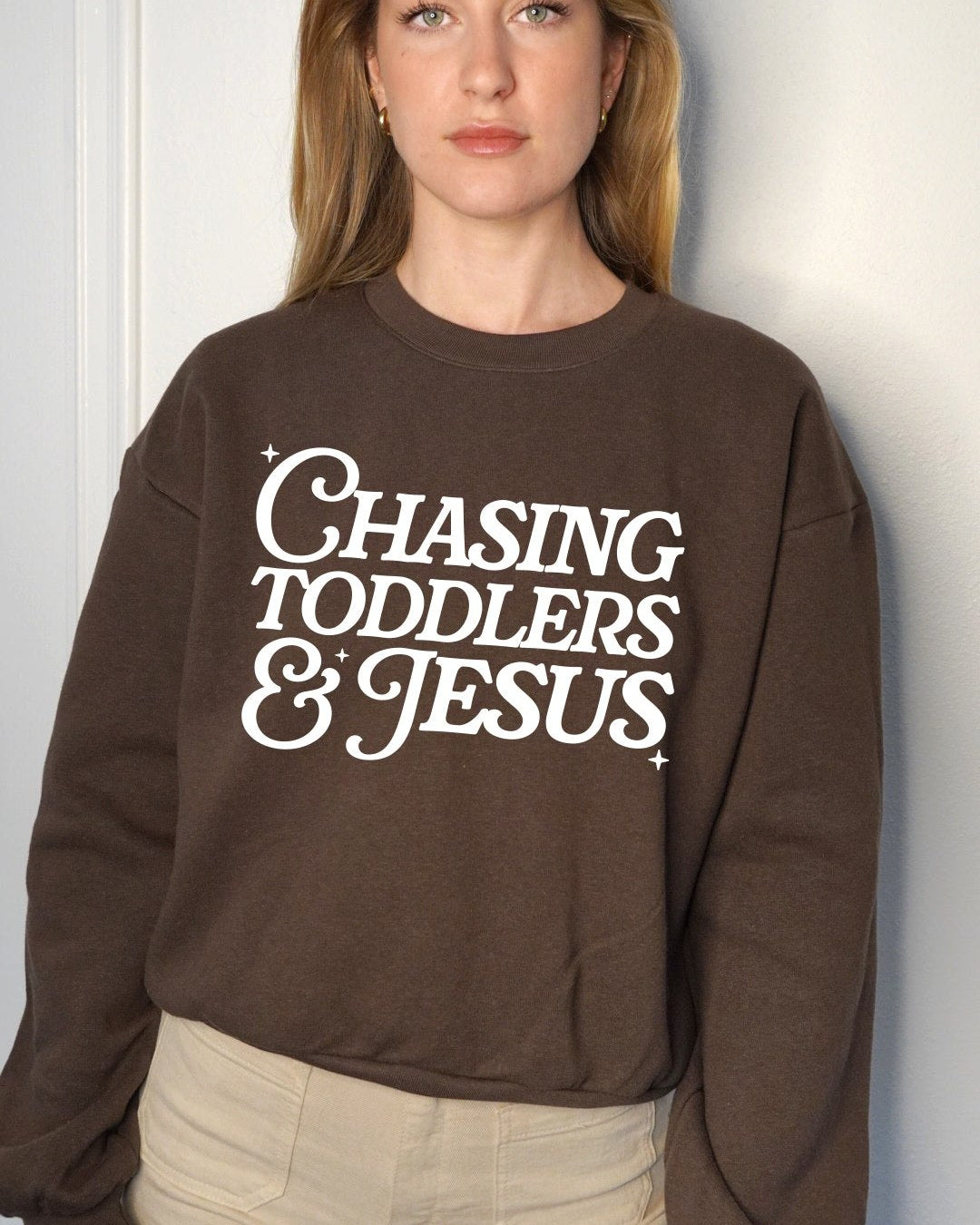 Chasing Toddler and Jesus Christian Mom Faith Bible Women's Slightly Cropped Sweatshirt