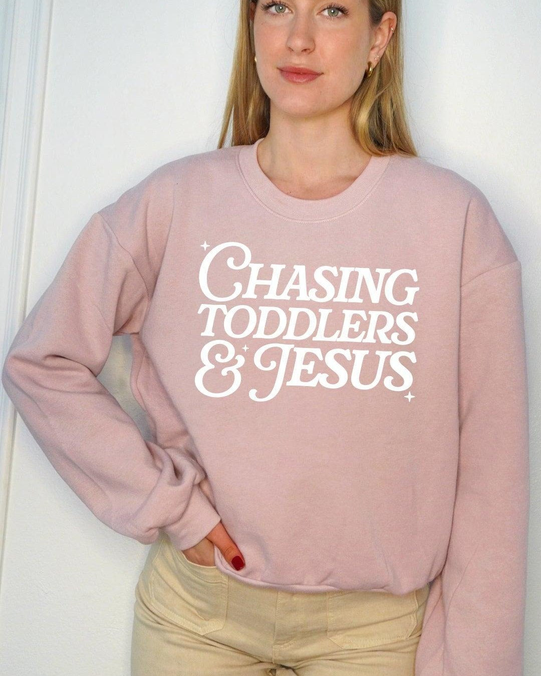 Chasing Toddler and Jesus Christian Mom Faith Bible Women's Slightly Cropped Sweatshirt