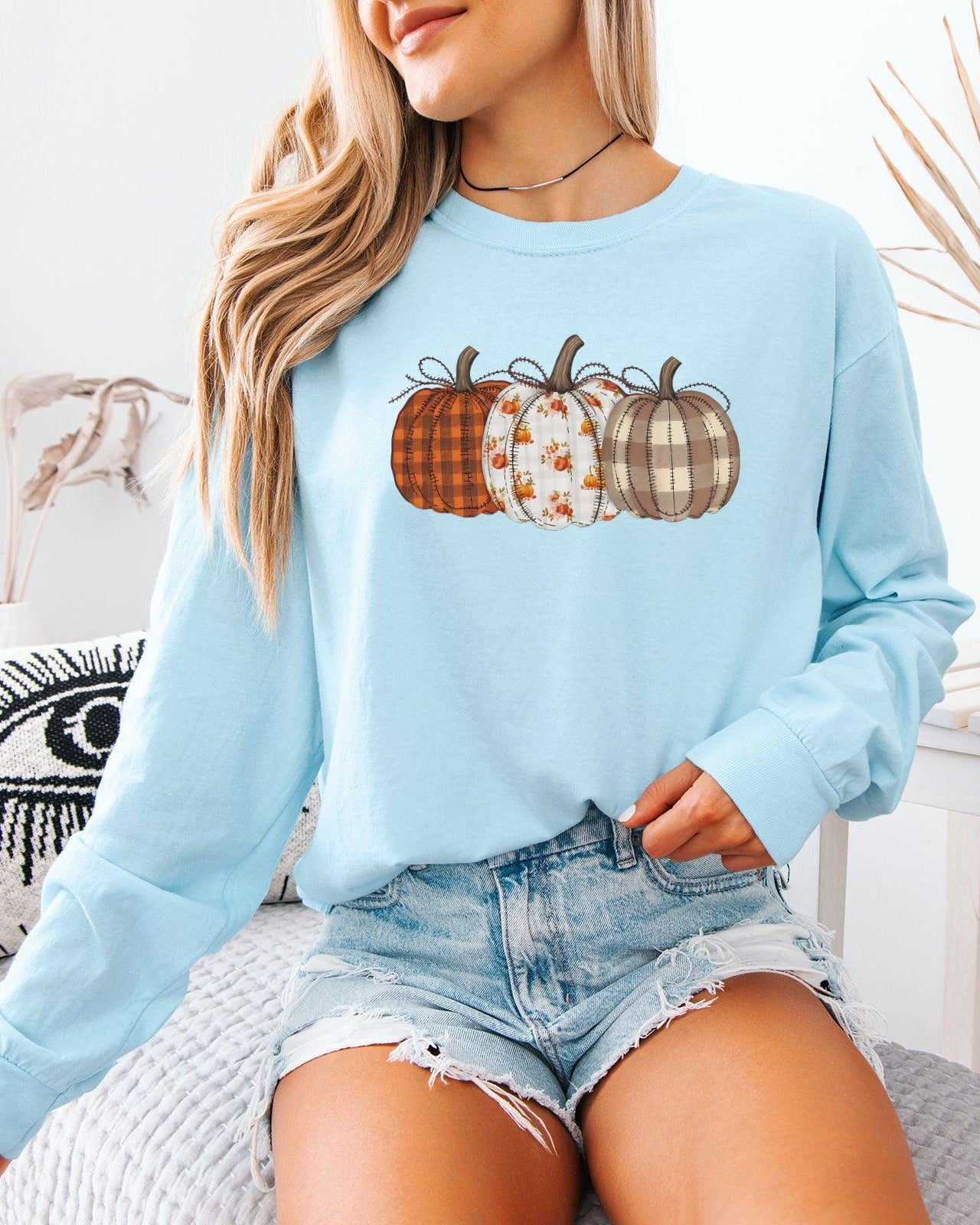 Checkered Pumpkins Thanksgiving Day Comfort Colors Long Sleeve Shirt