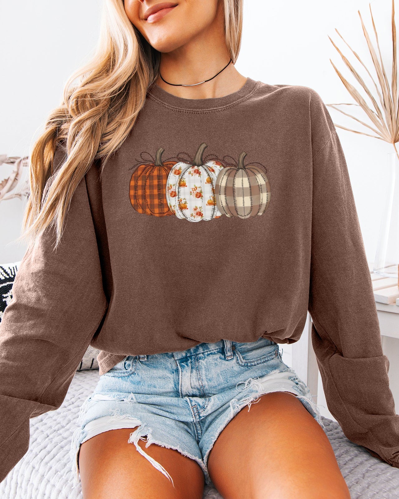 Checkered Pumpkins Thanksgiving Day Comfort Colors Long Sleeve Shirt