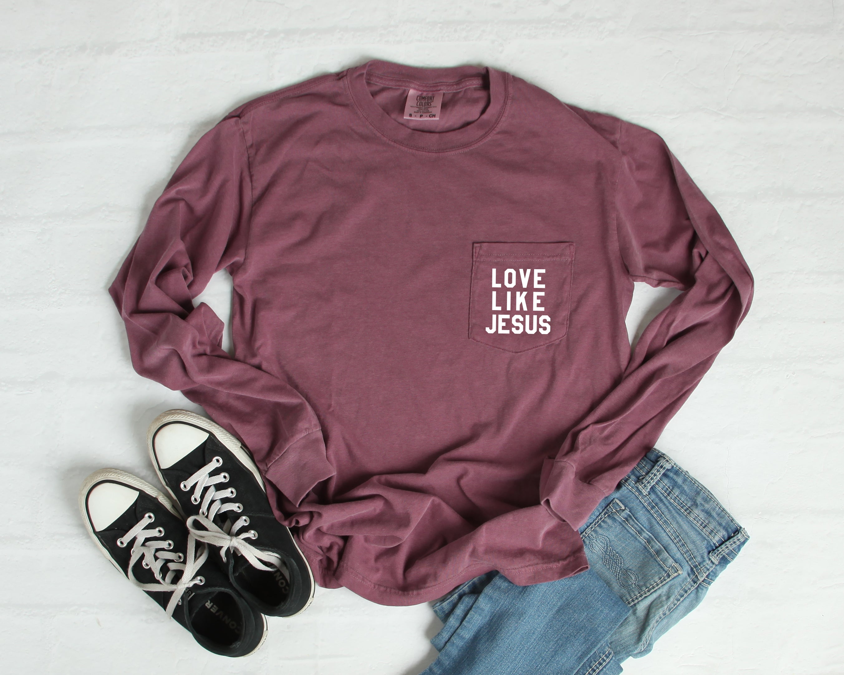Christian Love Like Jesus Bible Pocket Comfort Colors Long Sleeve Shirt