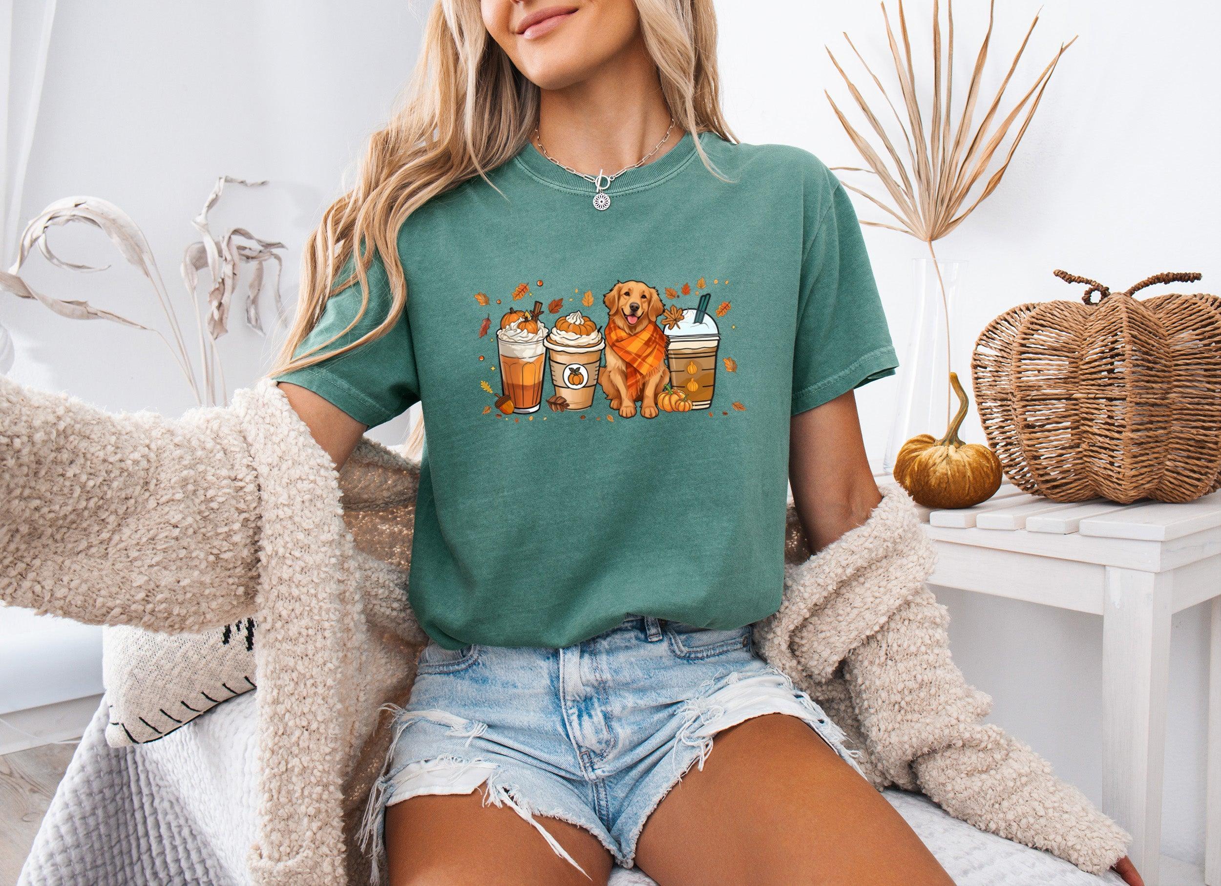 Coffee Pumpkin Spice Latte and Retriever Fall Thanksgiving day Christmas Autumn Comfort Colors Garment Dyed T Shirt