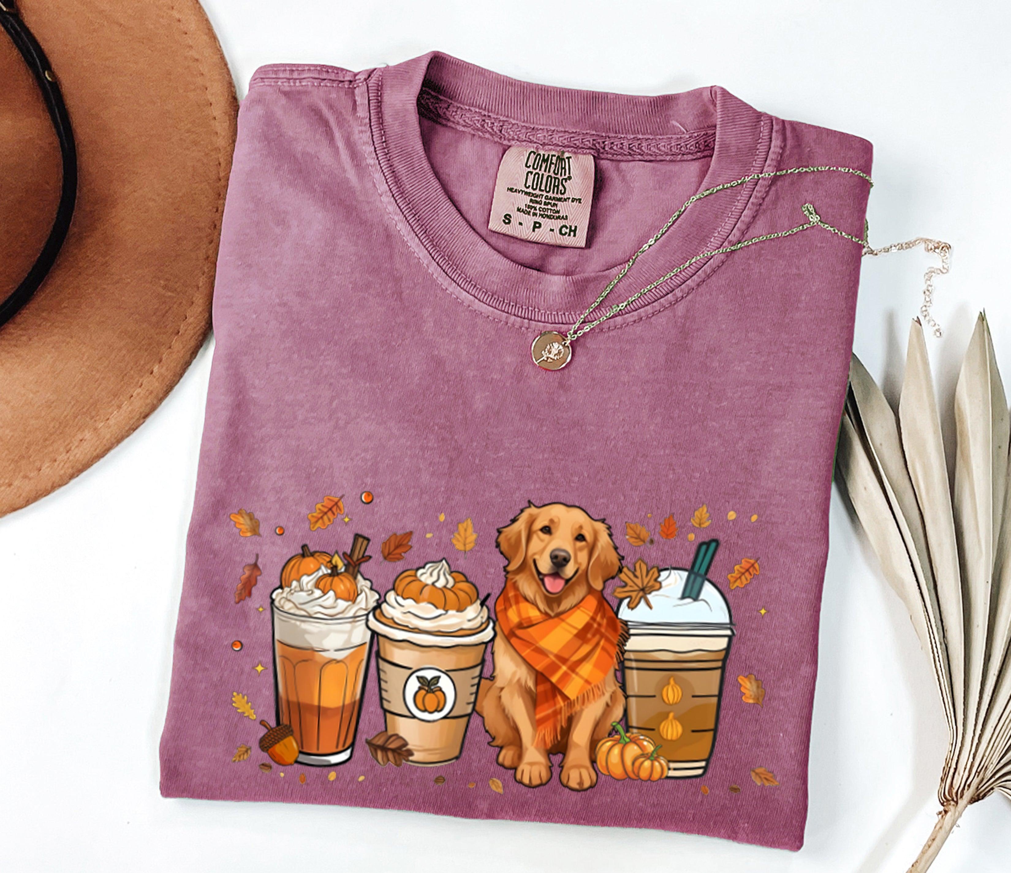 Coffee Pumpkin Spice Latte and Retriever Fall Thanksgiving day Christmas Autumn Comfort Colors Garment Dyed T Shirt