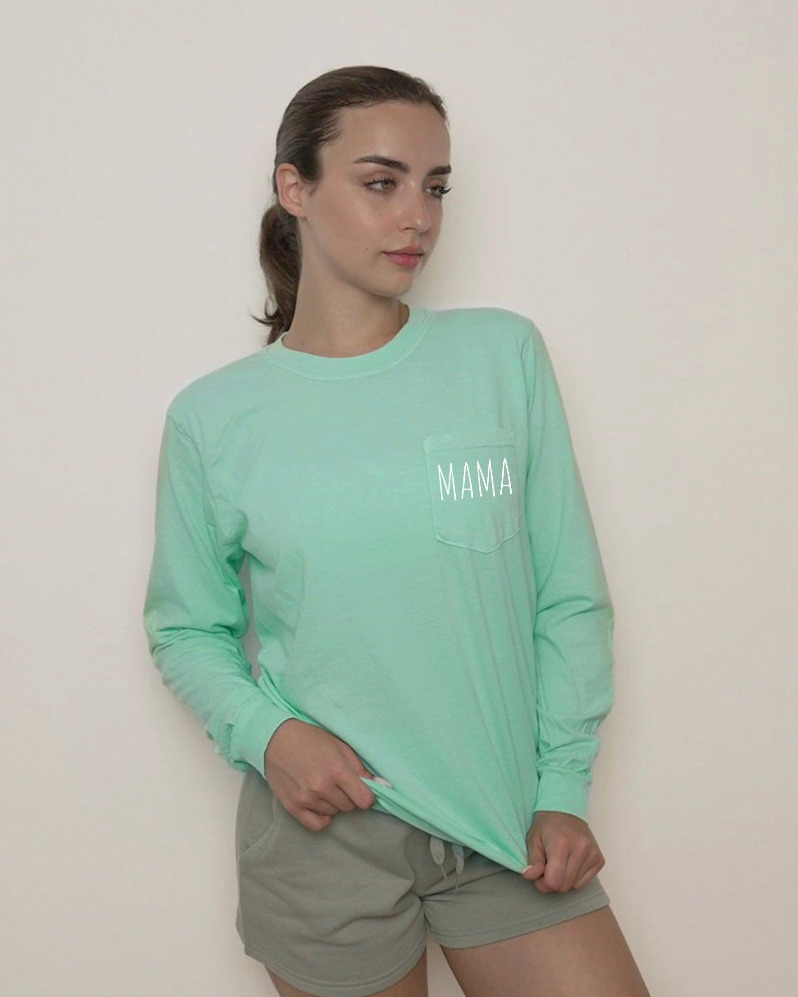Comfort Colors Mama Pocket Long Sleeve Shirt (Cute)