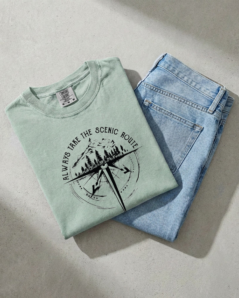 Camping Compass Mountain Summer Plant Nature Garment Dyed T Shirt