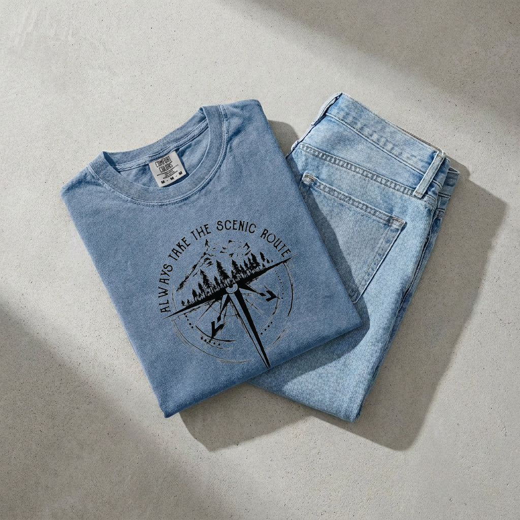 Camping Compass Mountain Summer Plant Nature Garment Dyed T Shirt