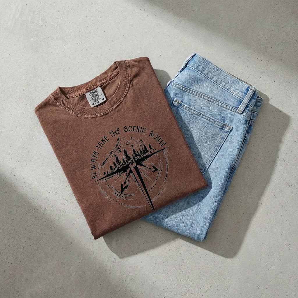 Camping Compass Mountain Summer Plant Nature Garment Dyed T Shirt