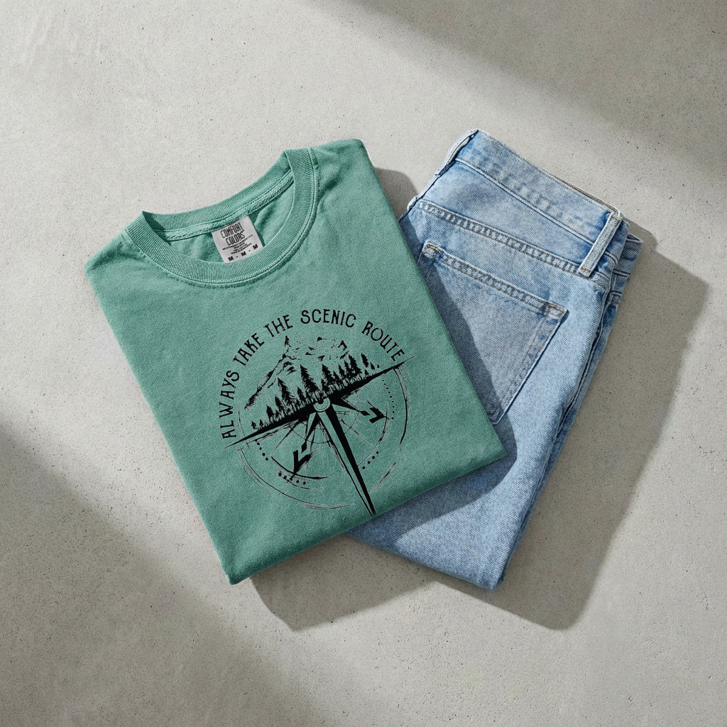 Camping Compass Mountain Summer Plant Nature Garment Dyed T Shirt