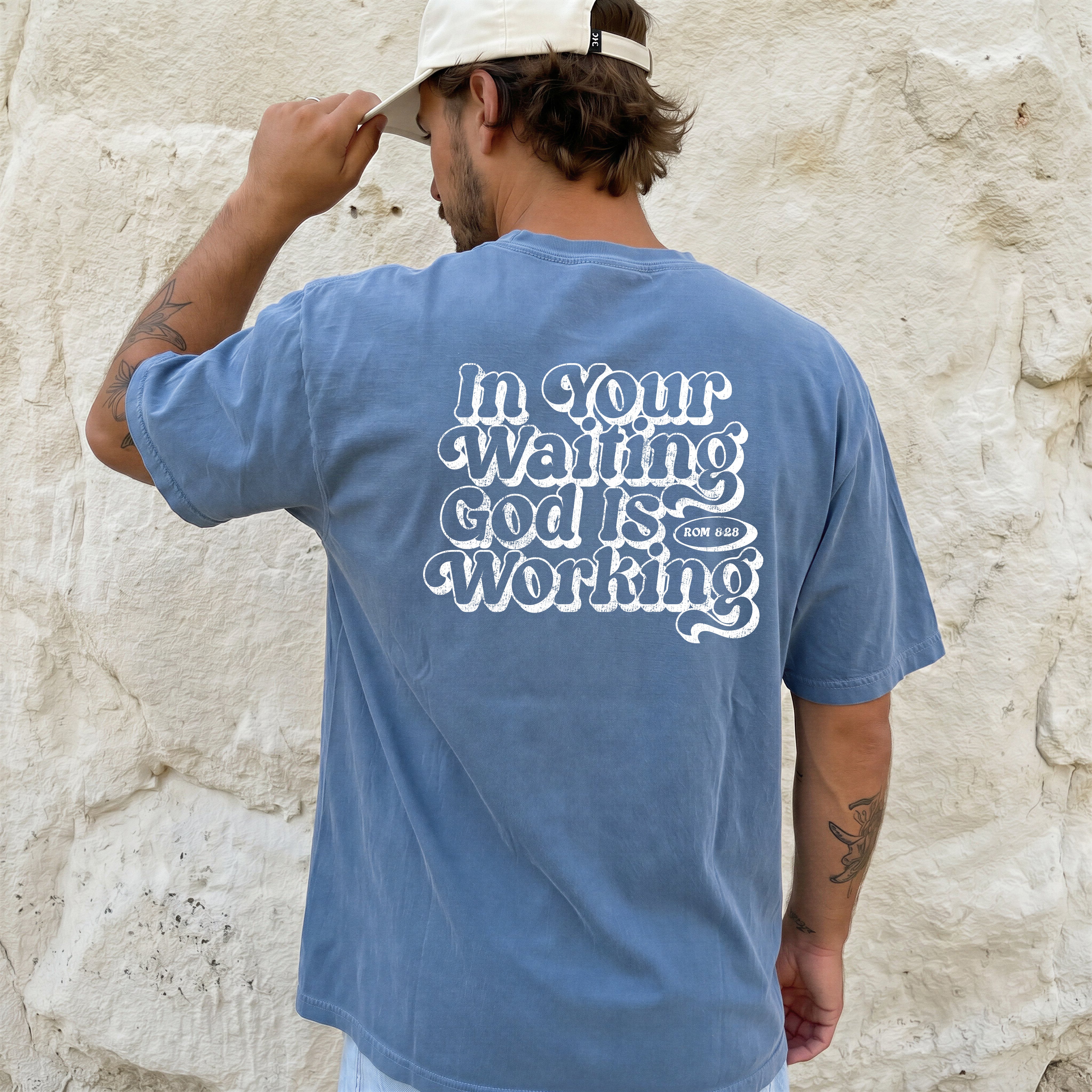 In the waiting God is working Comfort Colors T Shirt Religious Jesus Bible (Outlined Groovy)