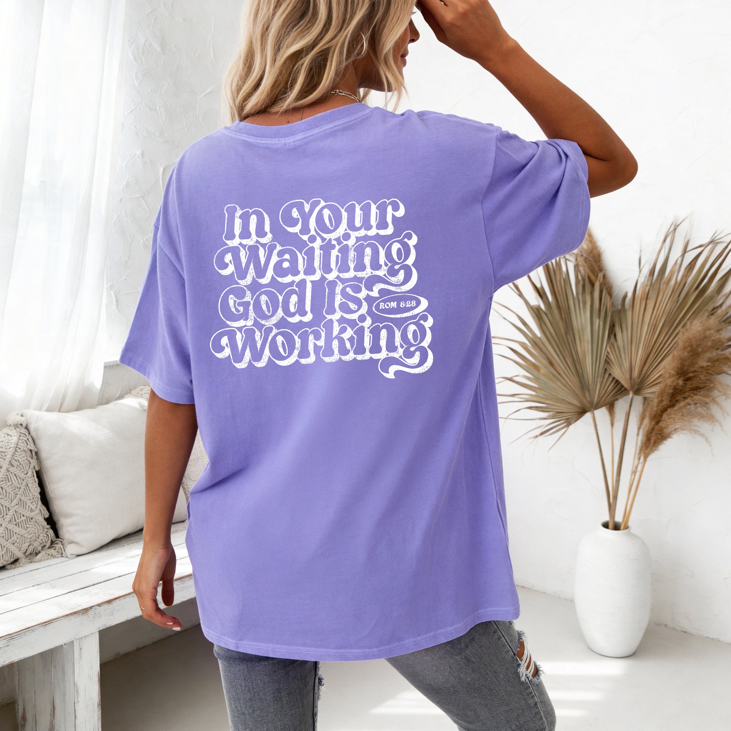 In the waiting God is working Comfort Colors T Shirt Religious Jesus Bible (Outlined Groovy)