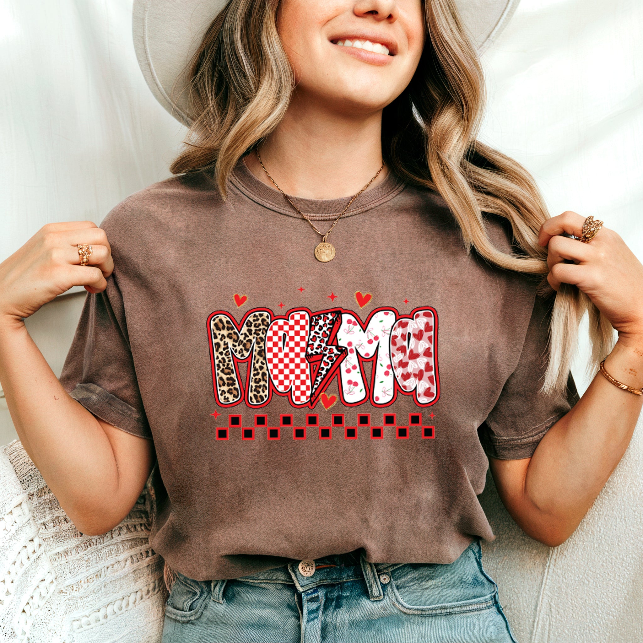 Mama Leopard Checkered Comfort Colors T Shirt