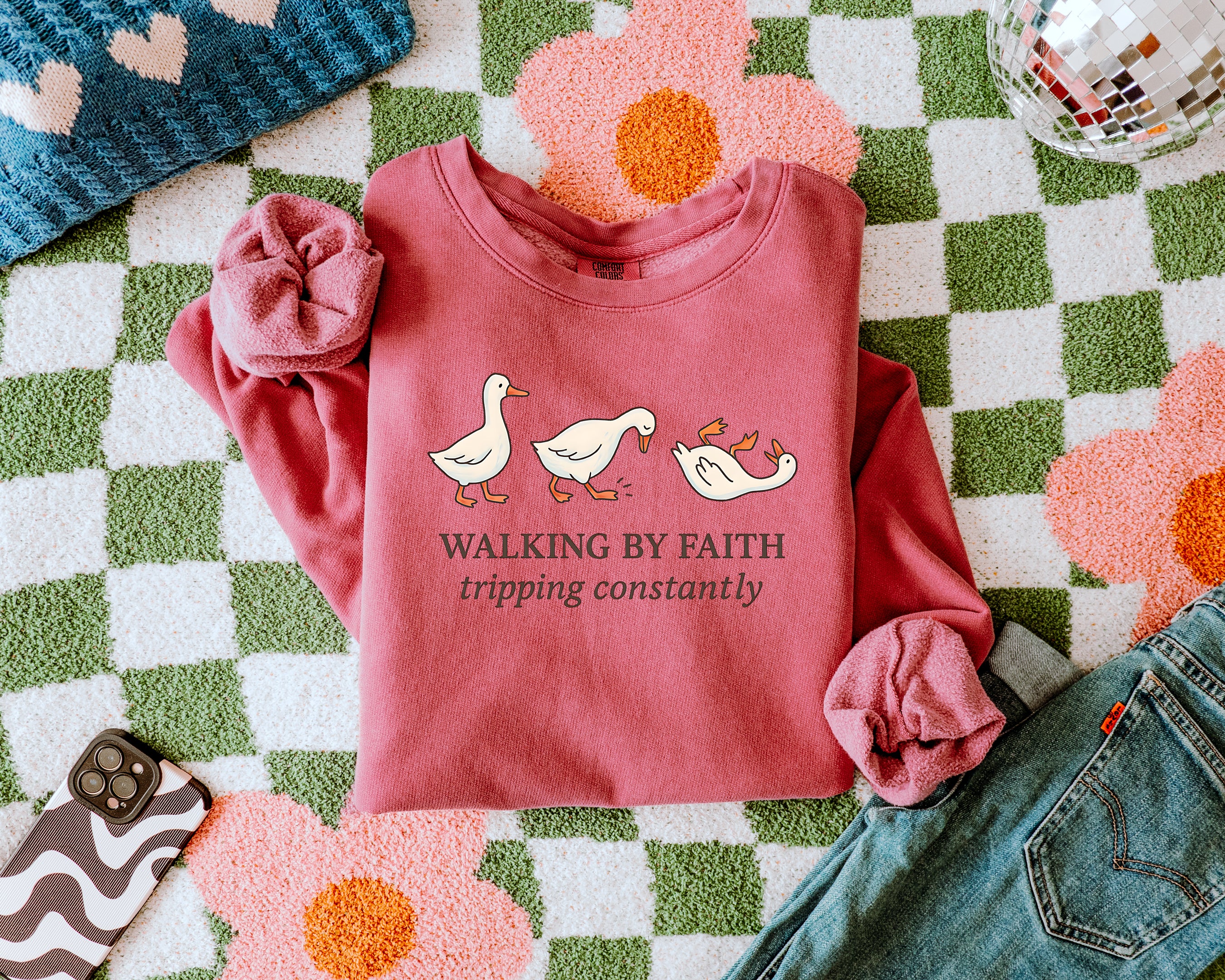 Walking by faith tripping constantly Duck Jesus Inspirational Christian Garment Dyed Comfort Colors Sweatshirt