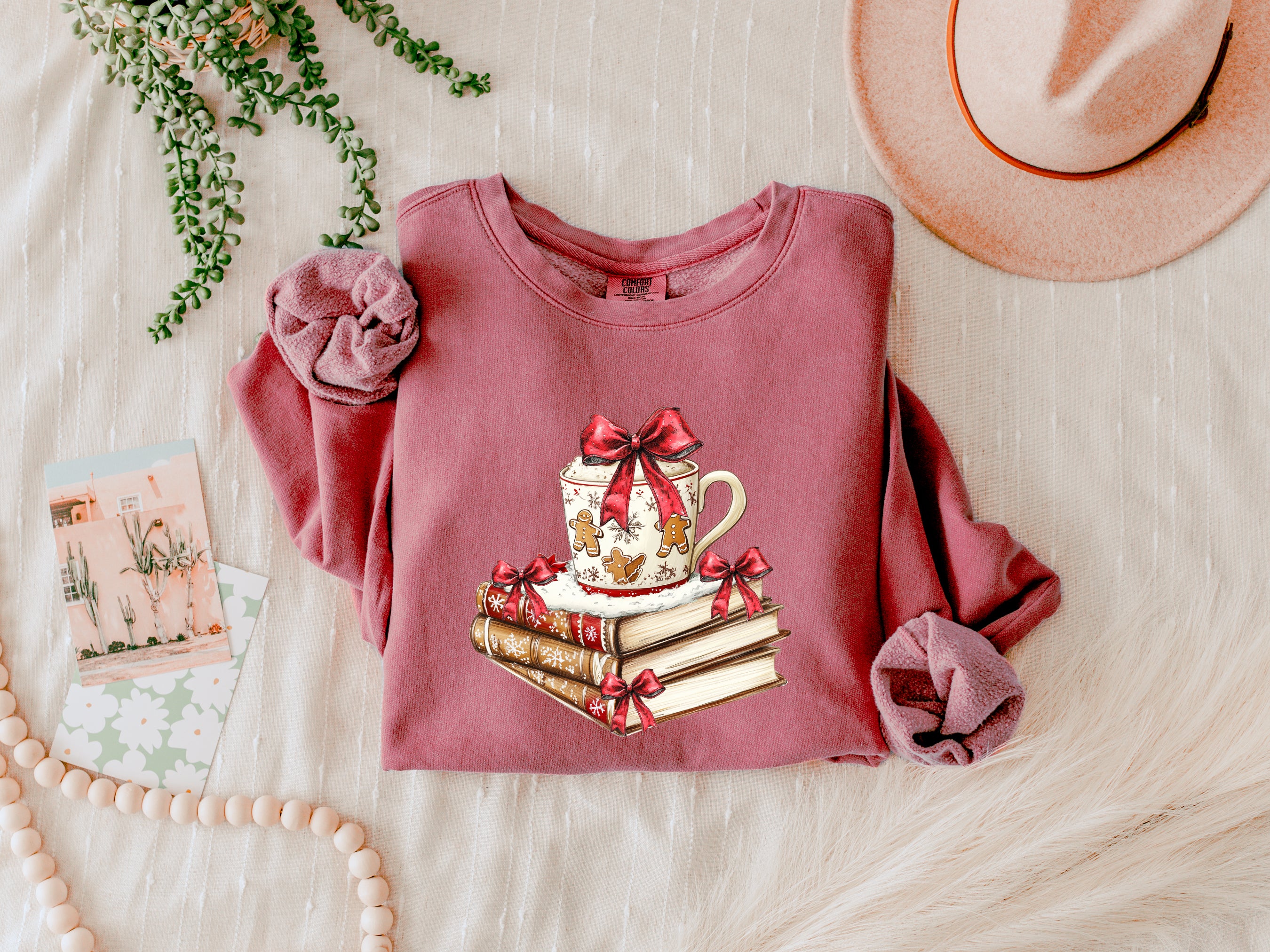 Merry Christmas Book Hot Chocolate Ginger Cookie Santa Holiday Winter Fall Inspirational Garment Dyed Comfort Colors Sweatshirt