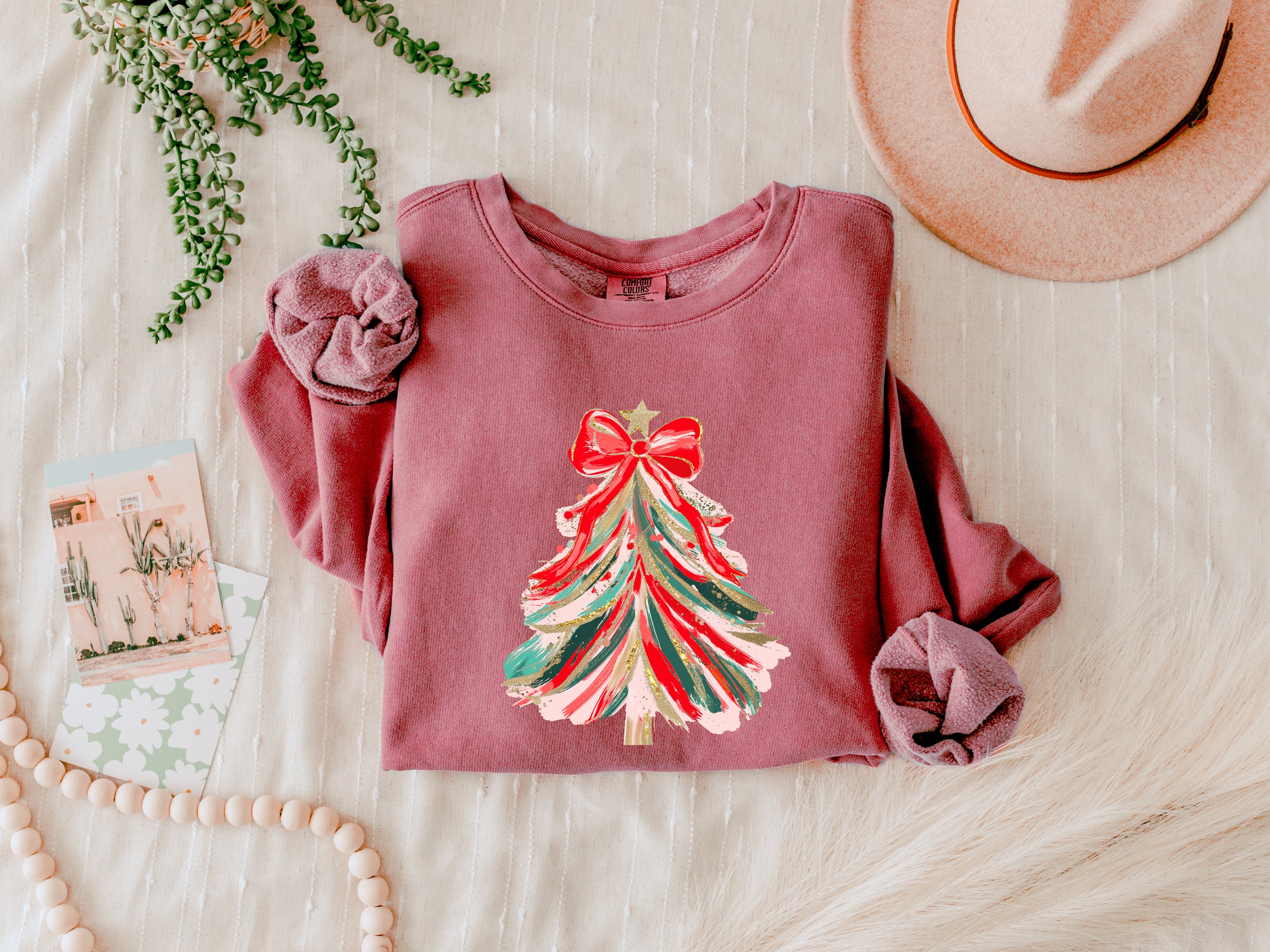 Merry Christmas Tree Holiday Winter Fall Inspirational Garment Dyed Comfort Colors Sweatshirt (Red Ribbon)