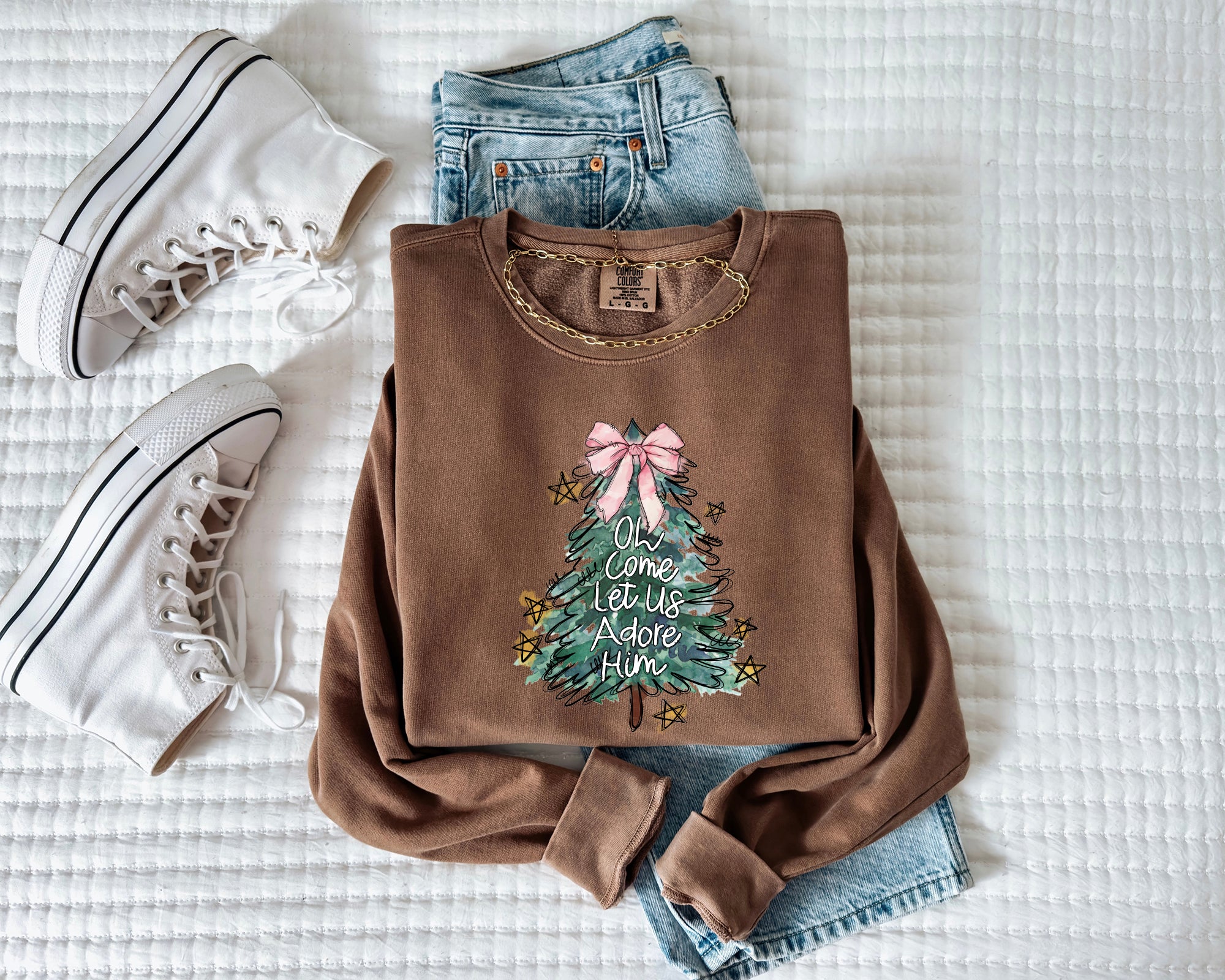 Merry Christmas Tree Christian O come let us adore him Winter Holiday Fall Autumn Inspirational Garment Dyed Comfort Colors Sweatshirt