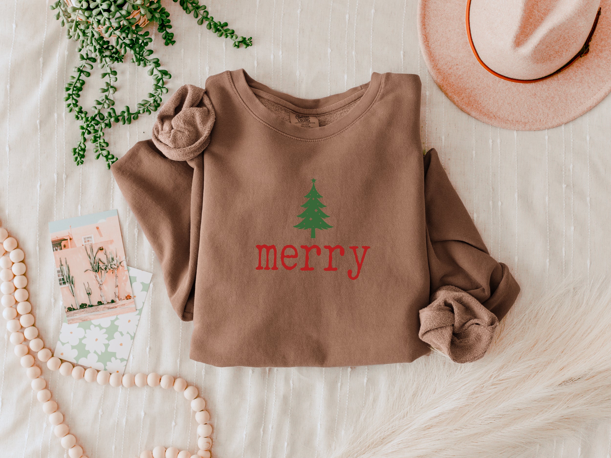 Merry Christmas Tree Holiday Winter Fall Inspirational Garment Dyed Comfort Colors Sweatshirt (Merry)