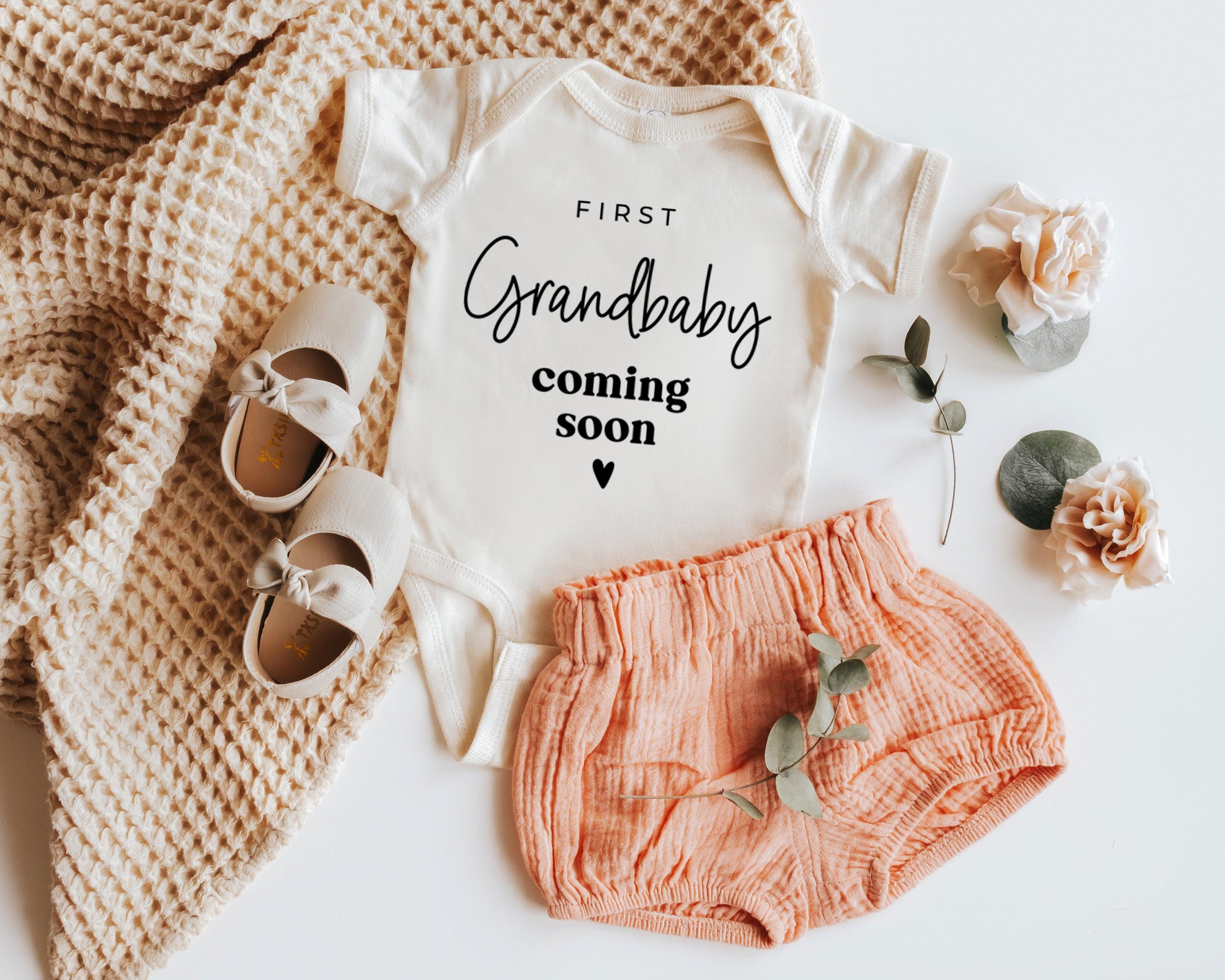First Grandbaby Coming soon Bodysuit Onesie - Pregnancy Announcement (wandering flower font)