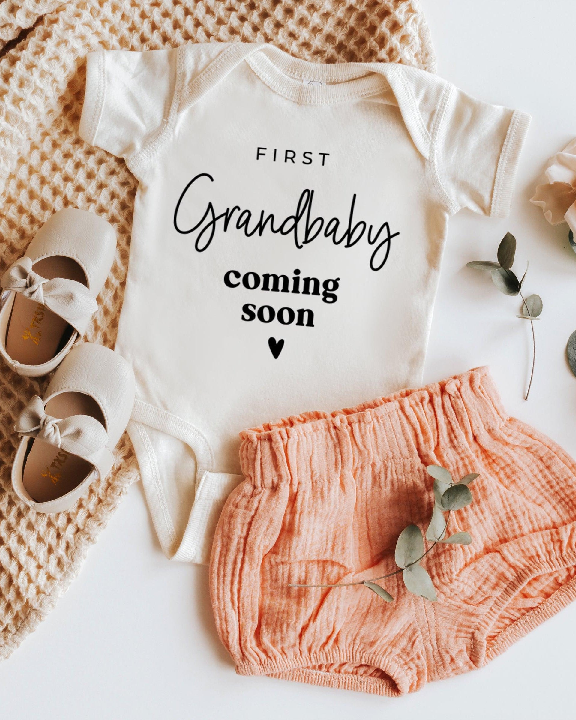 First Grandbaby Coming soon Bodysuit Onesie - Pregnancy Announcement (wandering flower font)