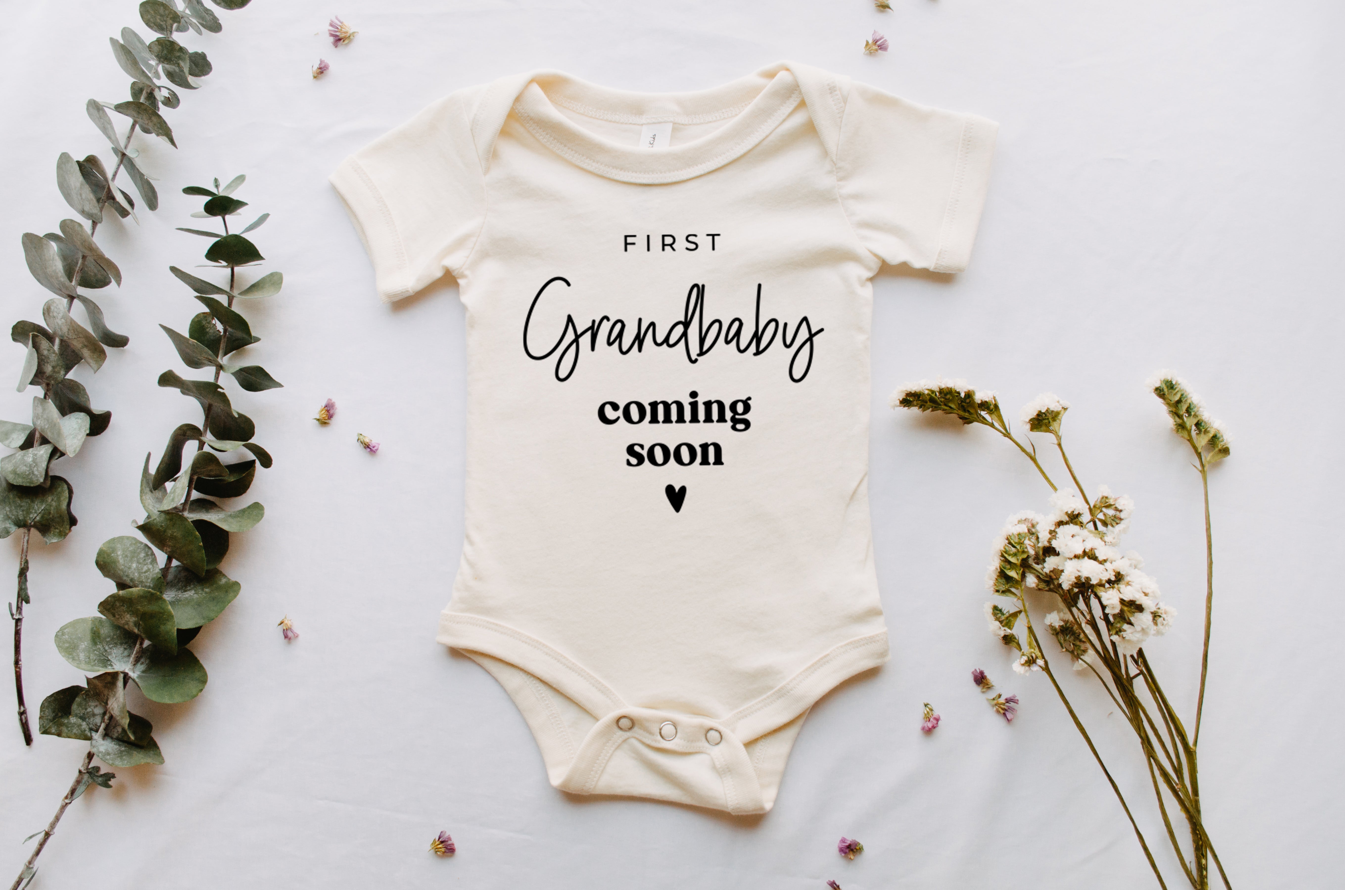 First Grandbaby Coming soon Bodysuit Onesie - Pregnancy Announcement (wandering flower font)