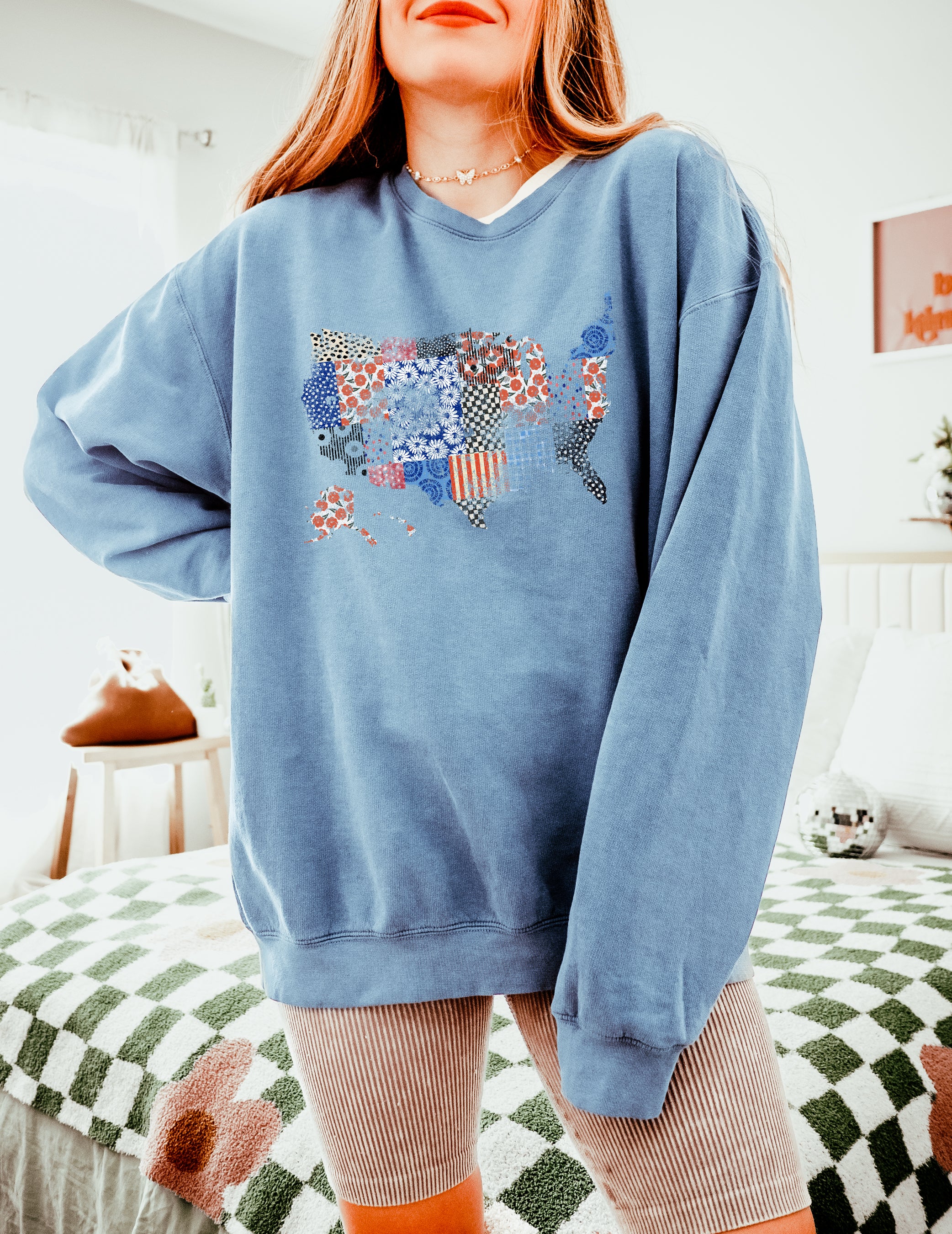 Floral United States Flag Great America Garment Dyed Comfort Colors Sweatshirt