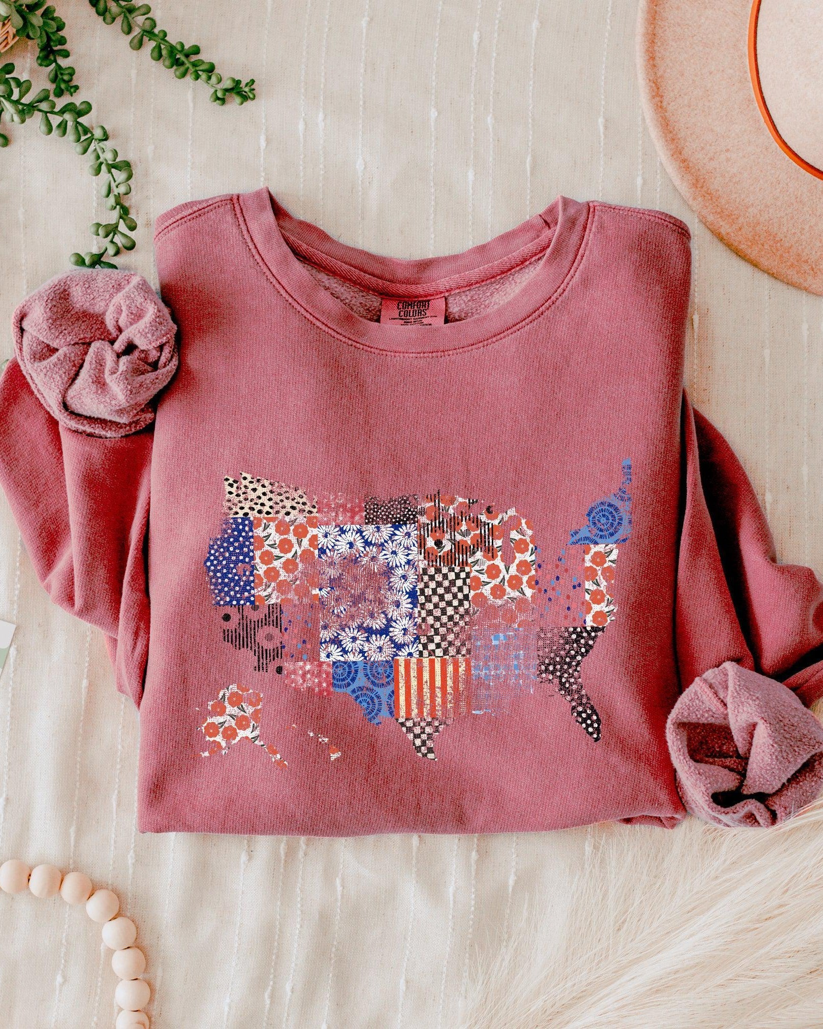 Floral United States Flag Great America Garment Dyed Comfort Colors Sweatshirt