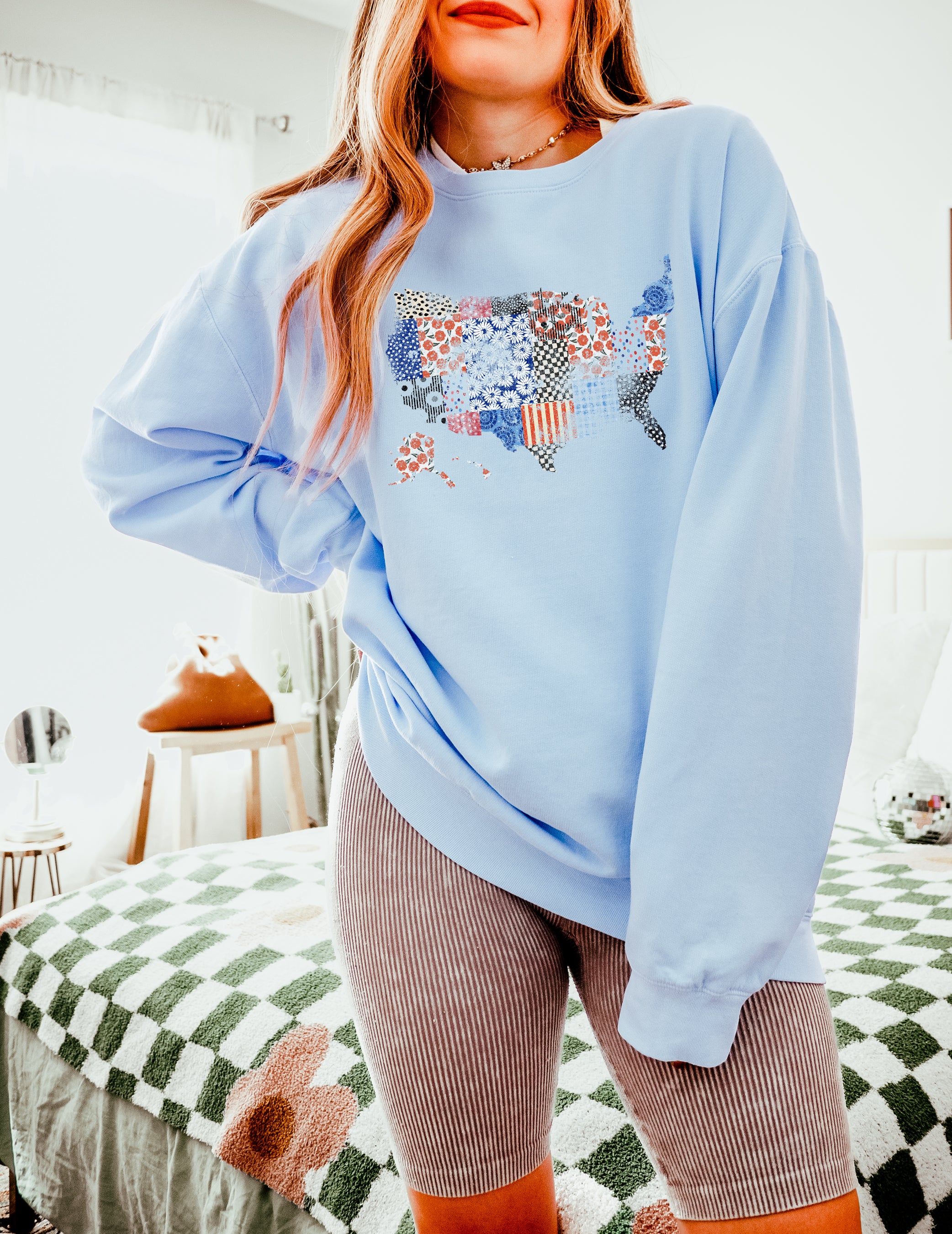 Floral United States Flag Great America Garment Dyed Comfort Colors Sweatshirt