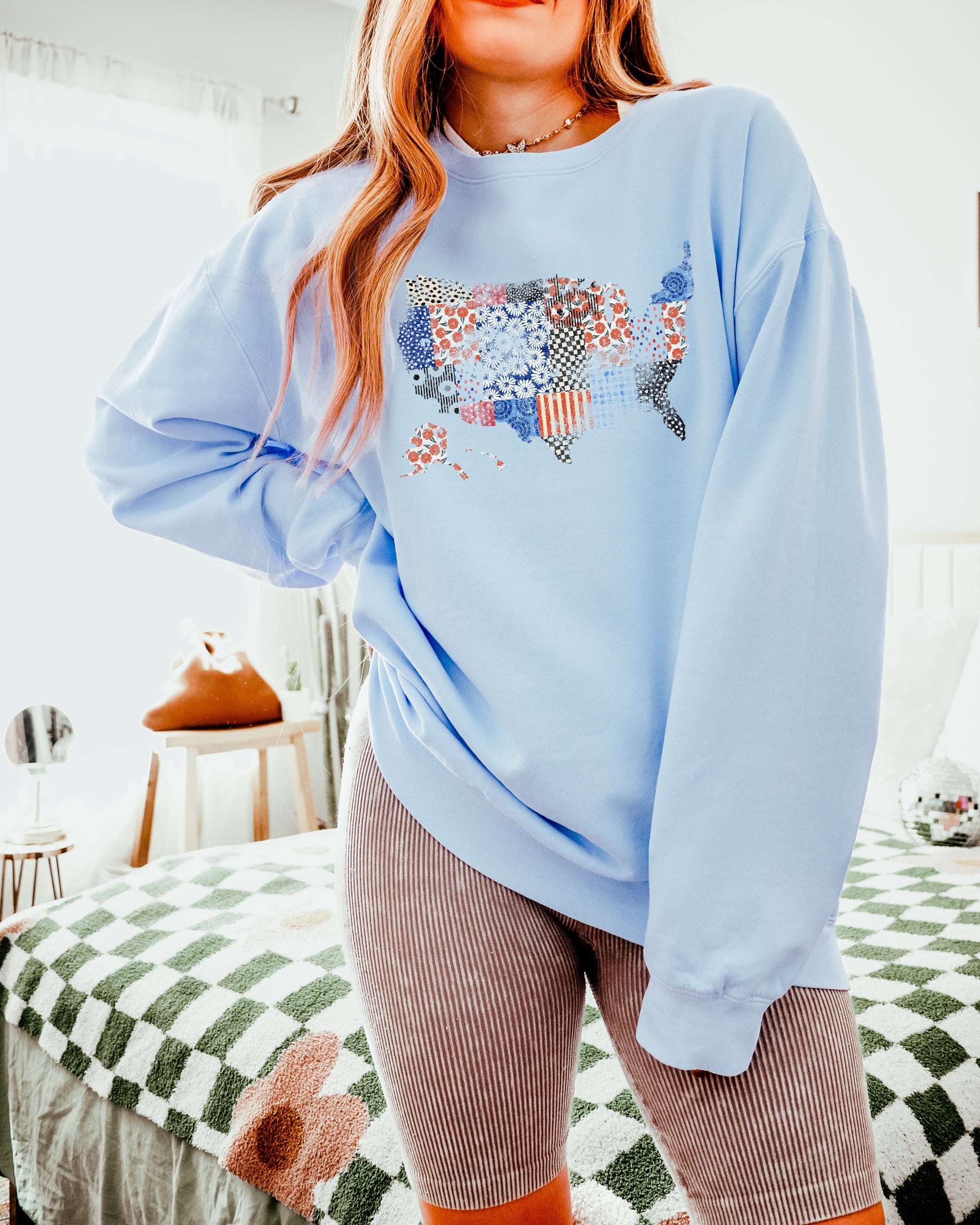 Floral United States Flag Great America Garment Dyed Comfort Colors Sweatshirt