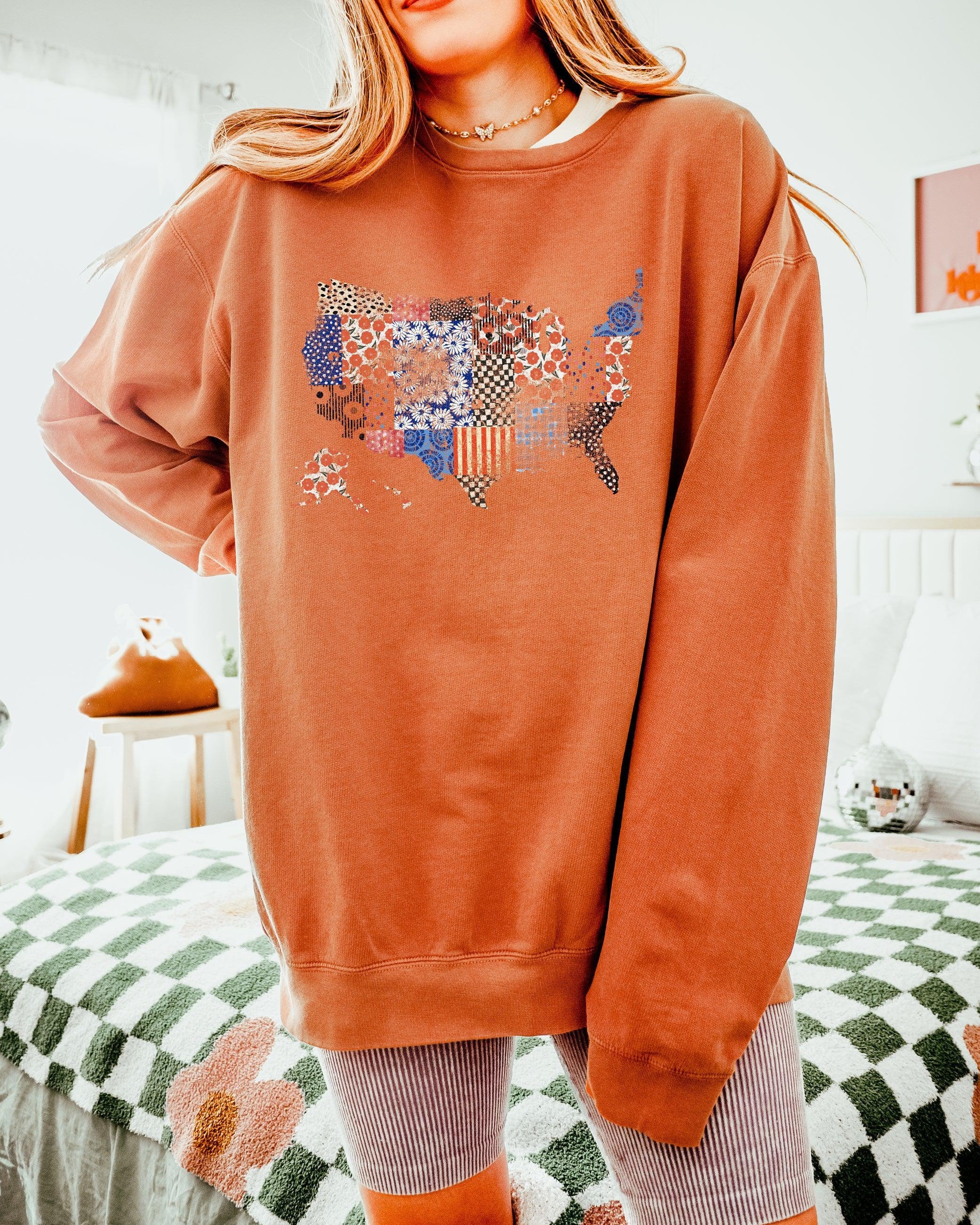 Floral United States Flag Great America Garment Dyed Comfort Colors Sweatshirt