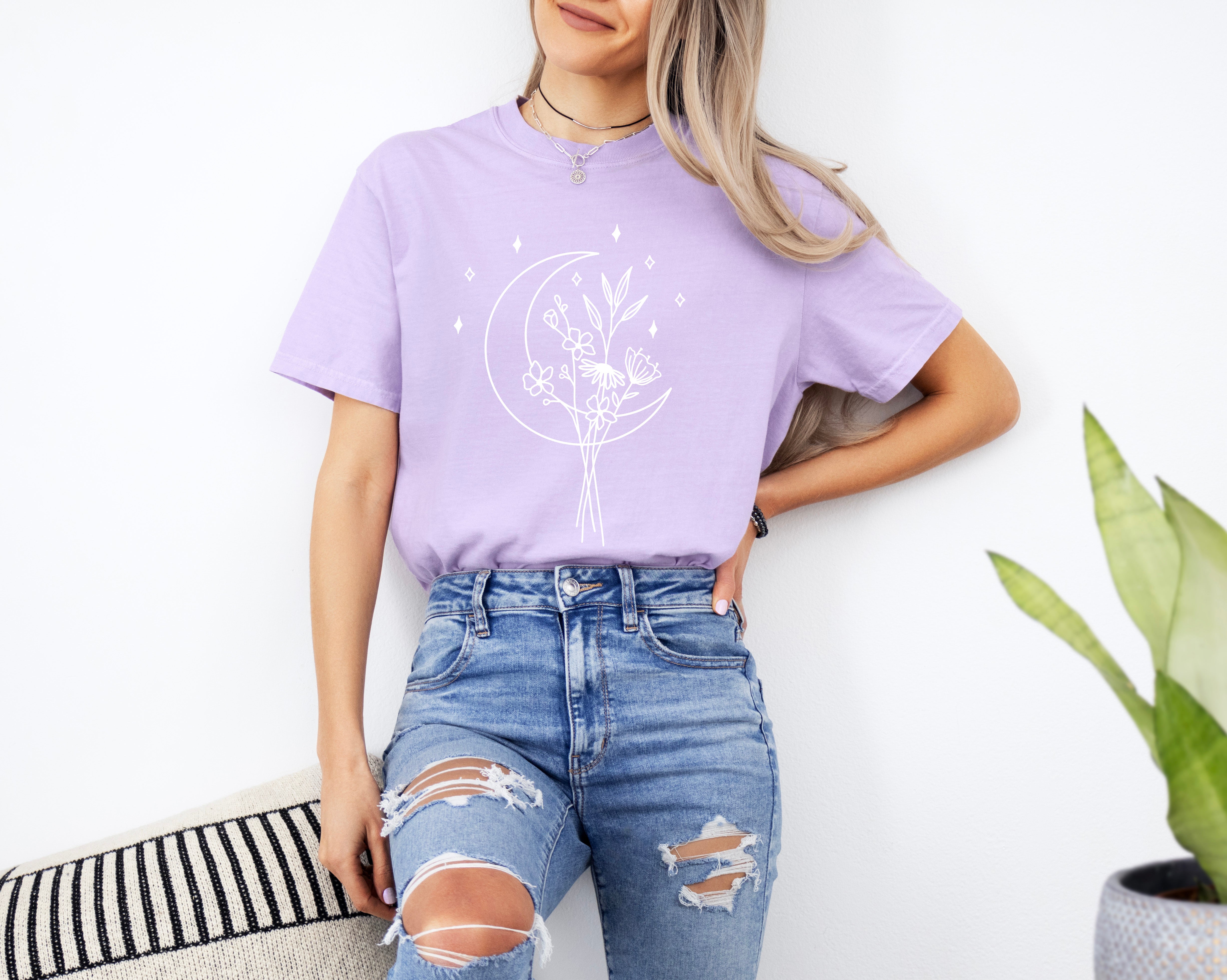Flower and Moon Nature botanical Garment Dyed T Shirt