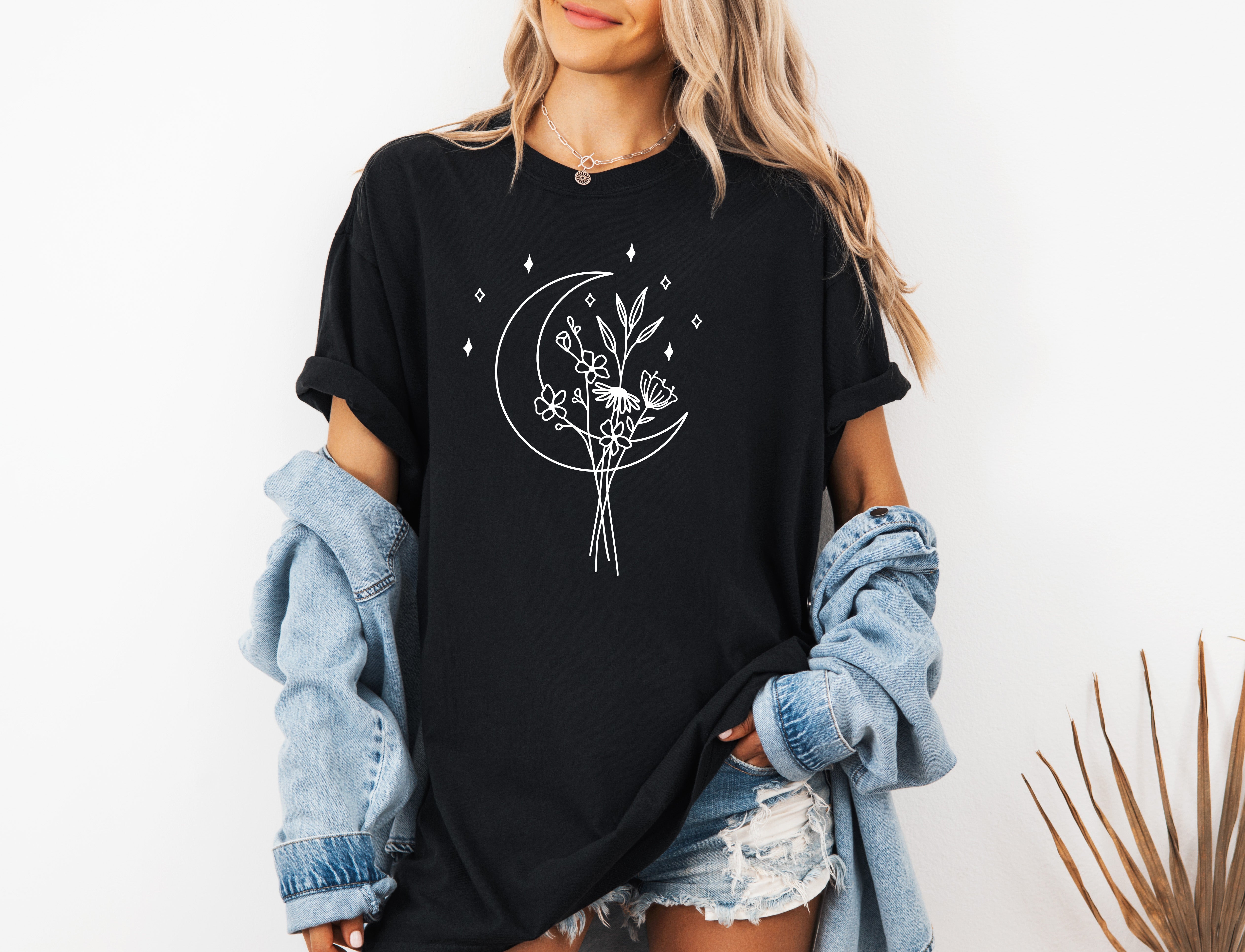 Flower and Moon Nature botanical Garment Dyed T Shirt