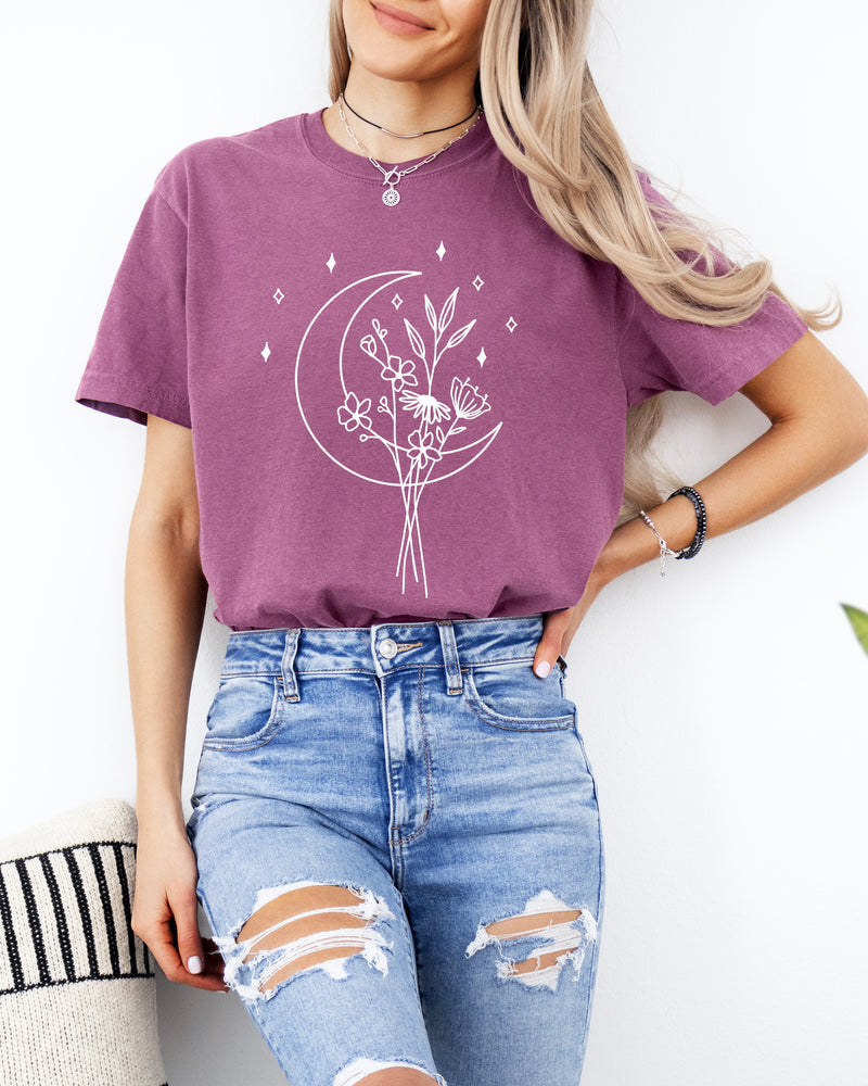 Flower and Moon Nature botanical Garment Dyed T Shirt