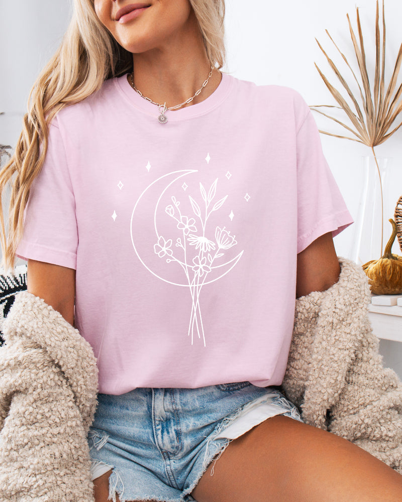 Flower and Moon Nature botanical Garment Dyed T Shirt
