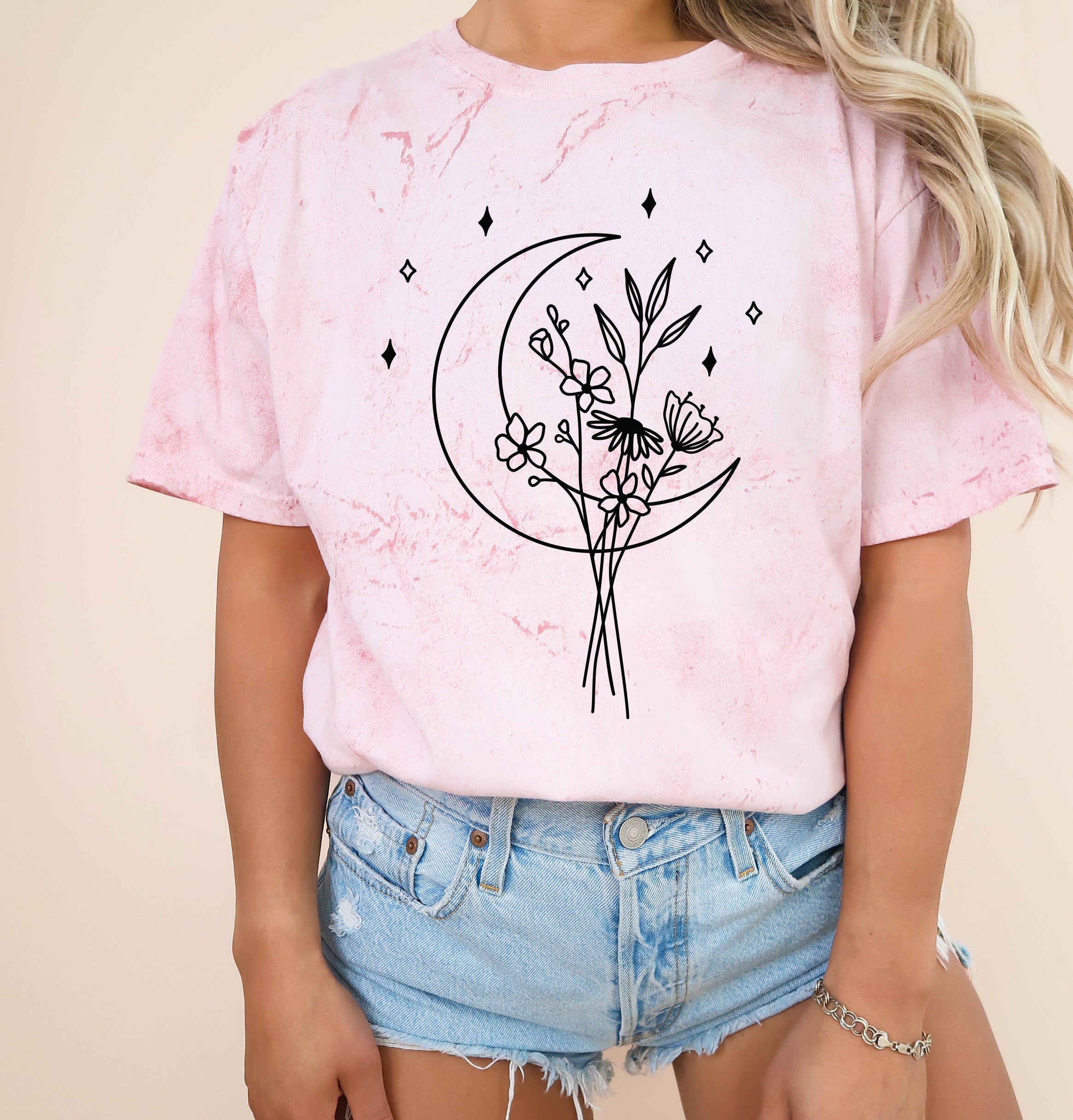 Flower and Moon Nature botanical Garment Dyed T Shirt