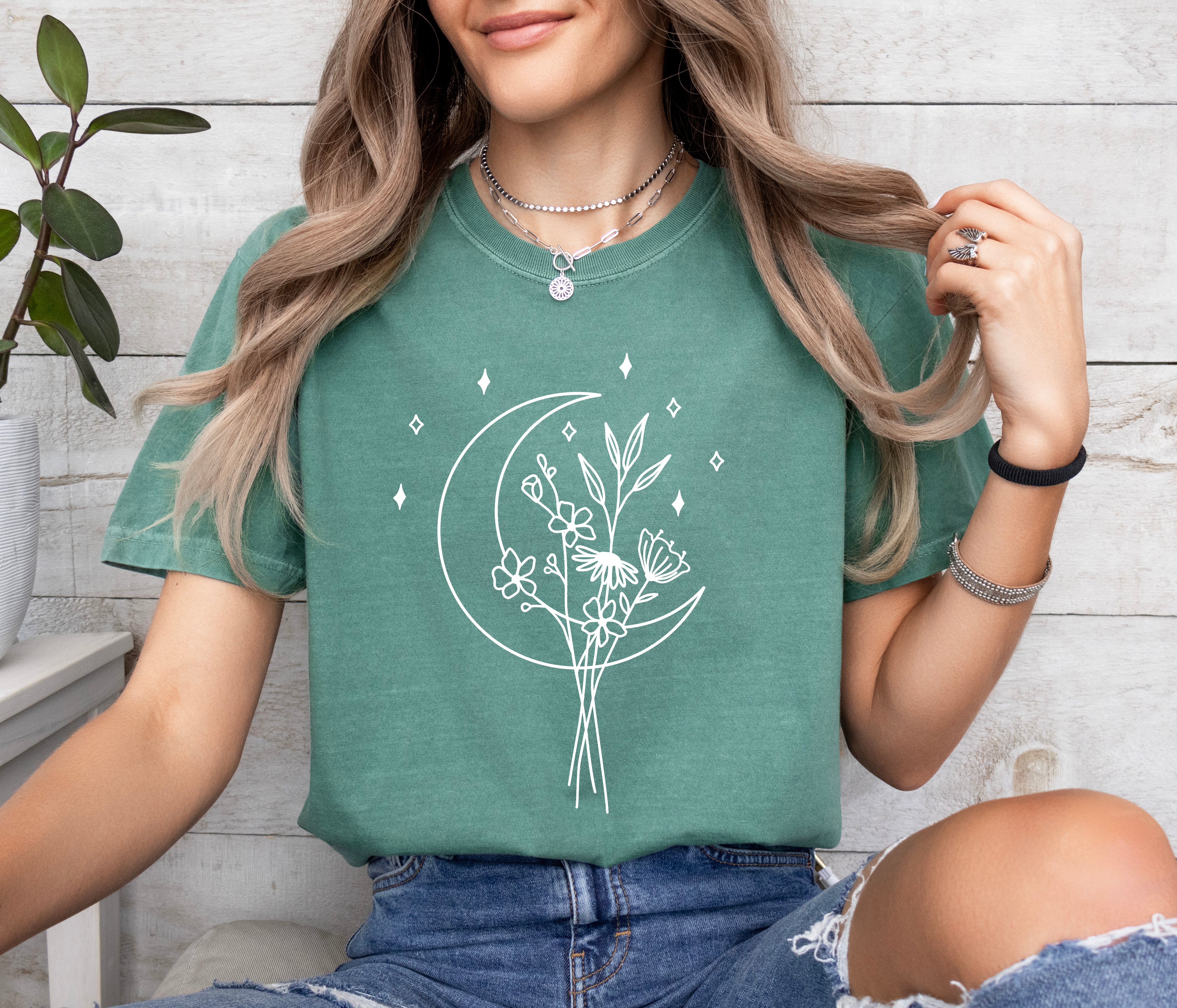Flower and Moon Nature botanical Garment Dyed T Shirt