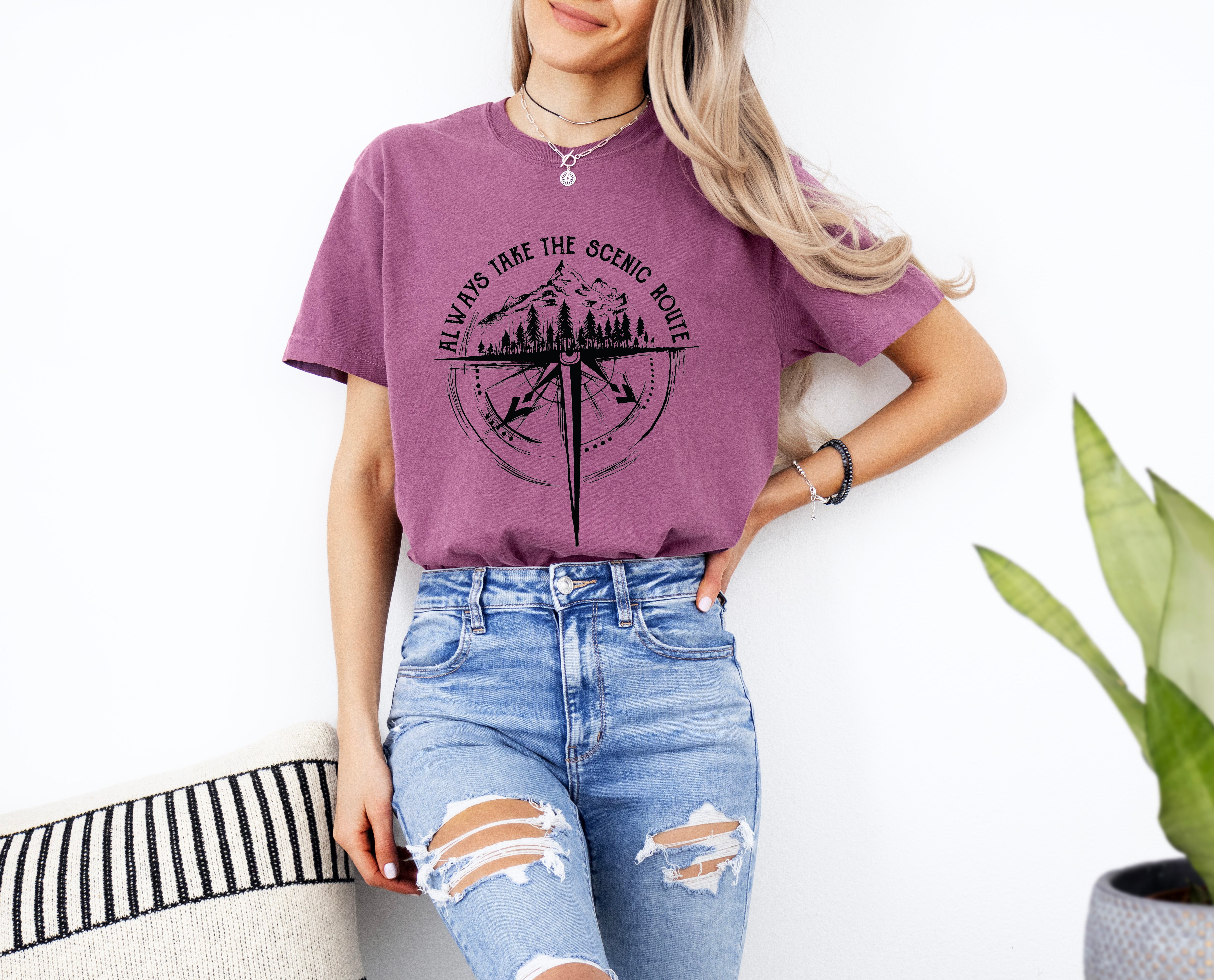 Camping Compass Mountain Summer Plant Nature Garment Dyed T Shirt