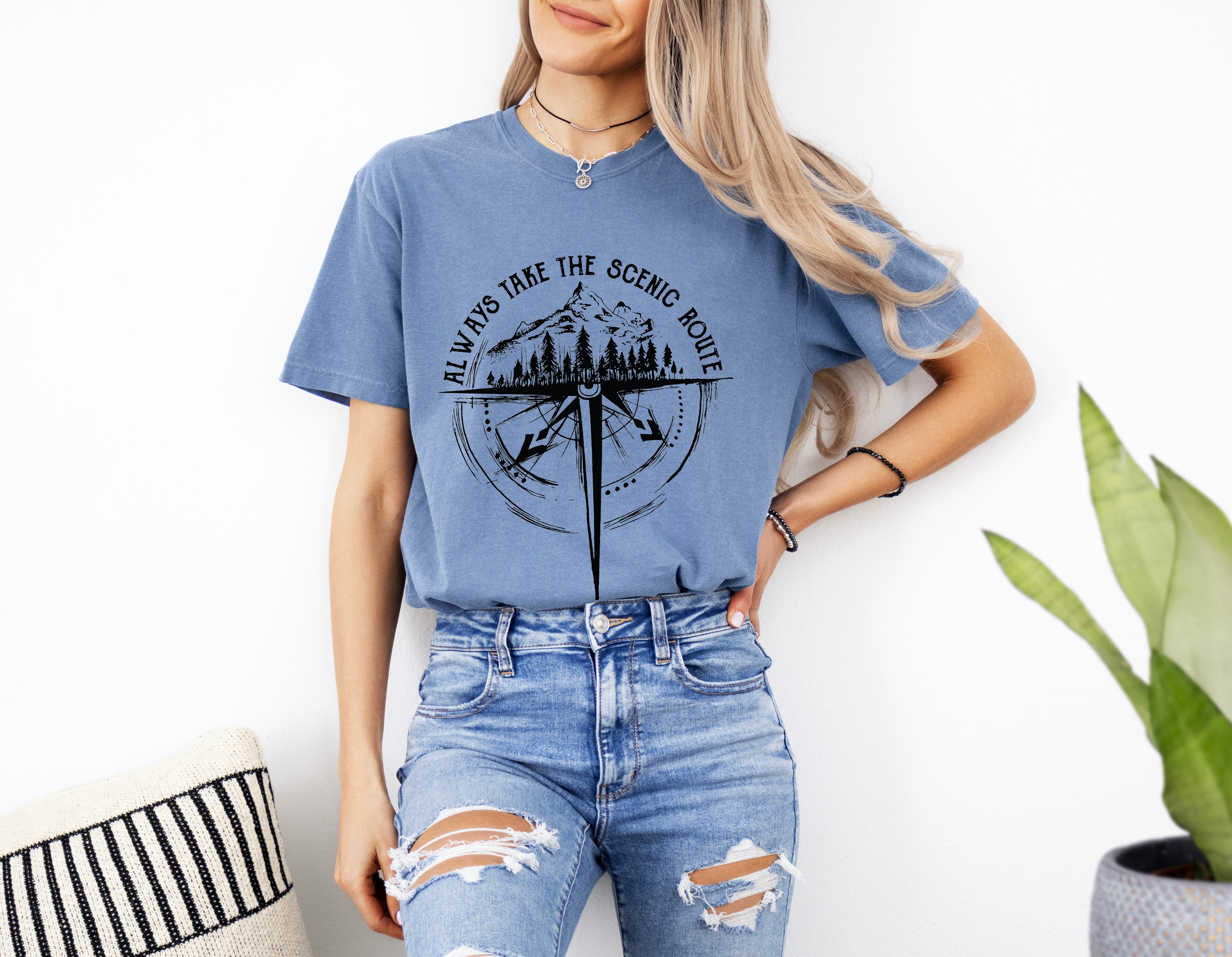 Camping Compass Mountain Summer Plant Nature Garment Dyed T Shirt