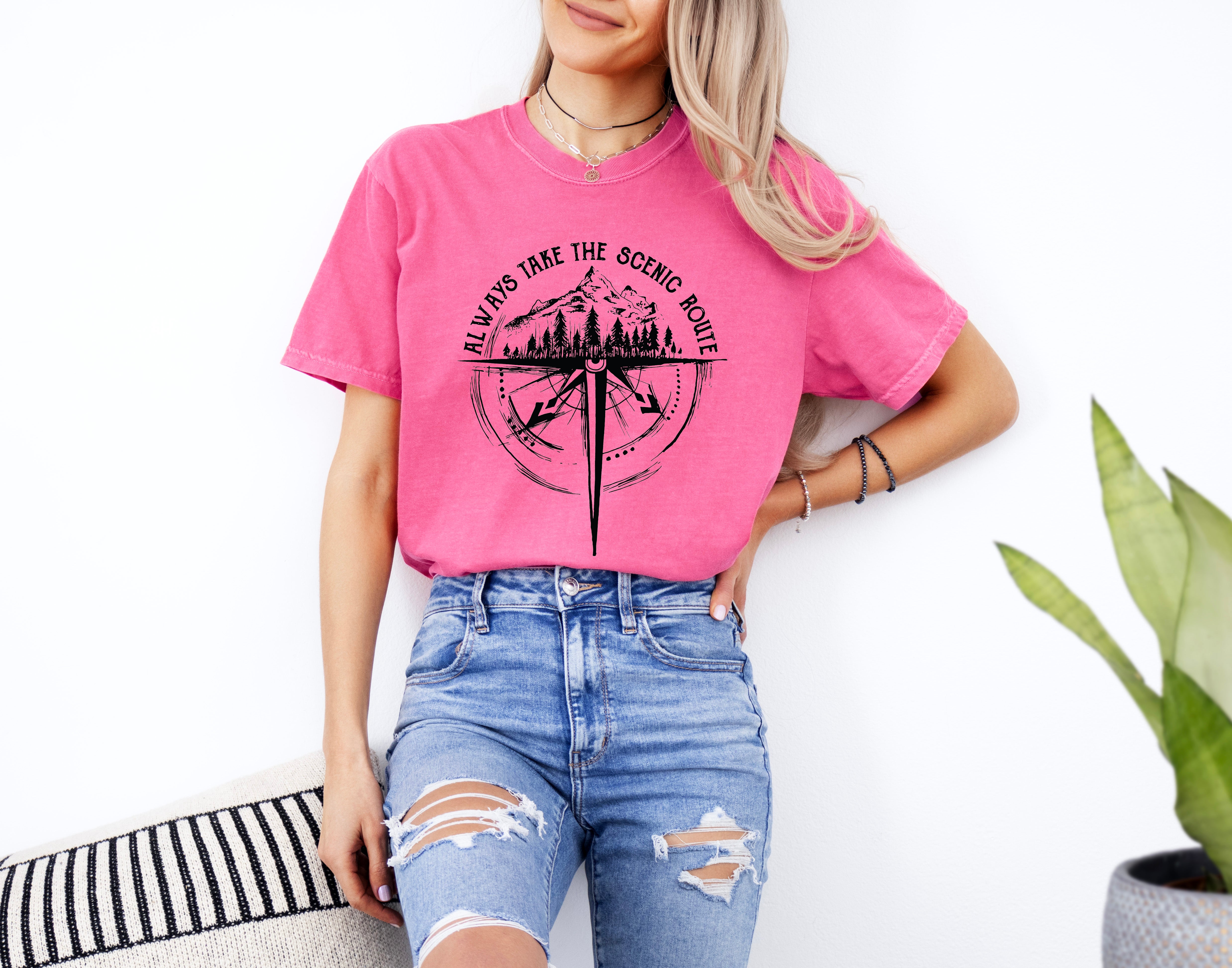 Camping Compass Mountain Summer Plant Nature Garment Dyed T Shirt